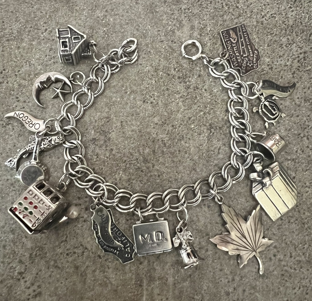 Vtg 12 Charm Sterling Double Link Bracelet 7.25” Travel Articulated 41g Lot 18