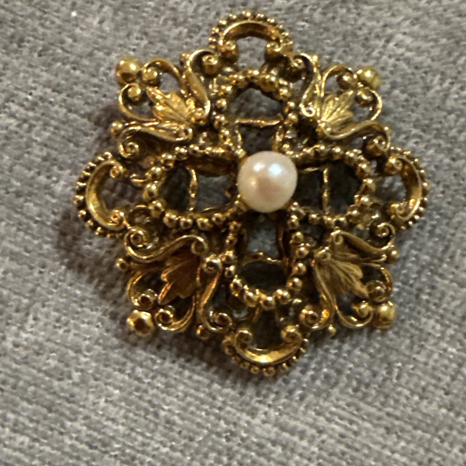 VTG Gold Tone TACOA Victorian Open Scroll Brooch Faux Pearl Floral Pin