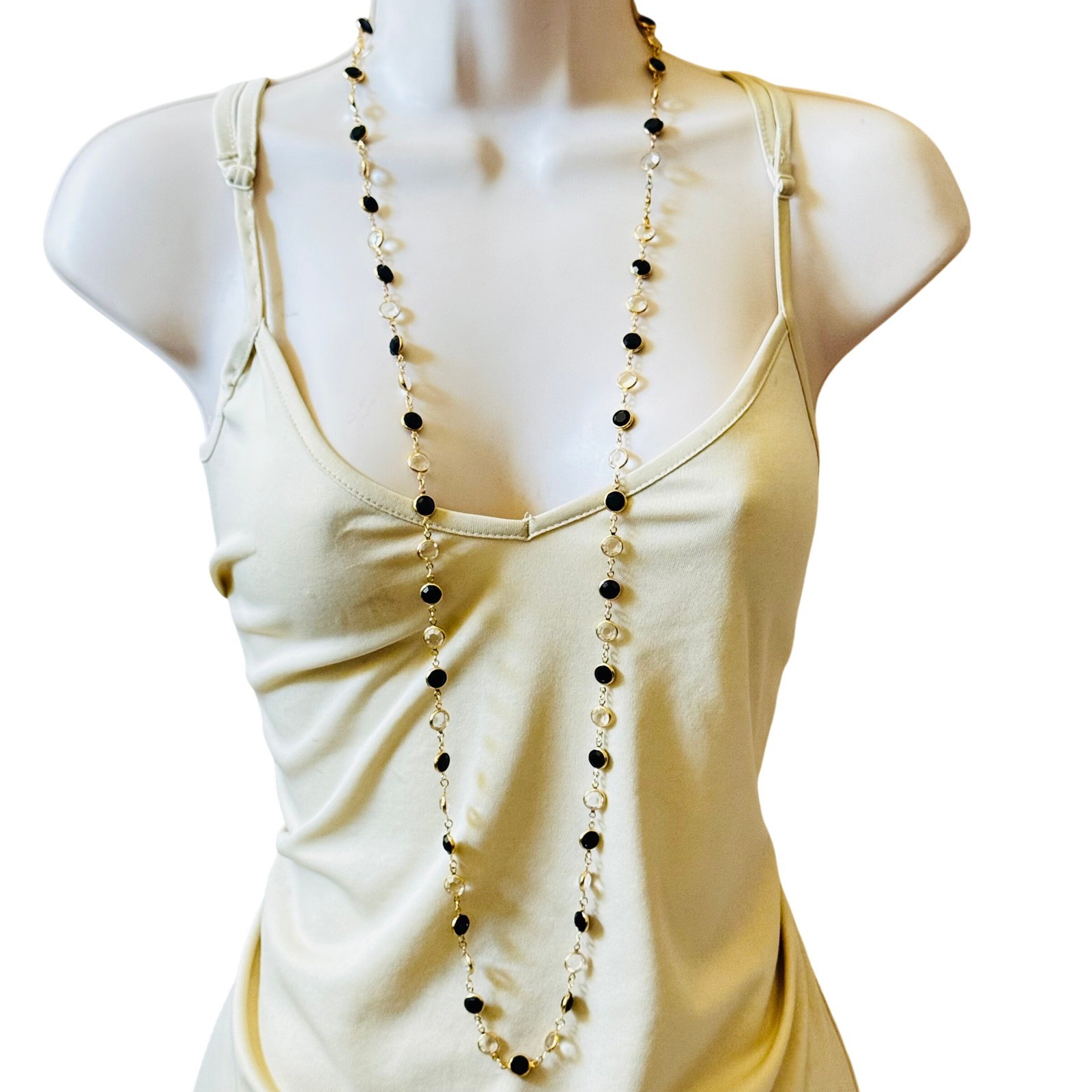 VTG Monet Open Bezel Crystal Necklace Gold Plated Strand Elegant Black Clear 43″