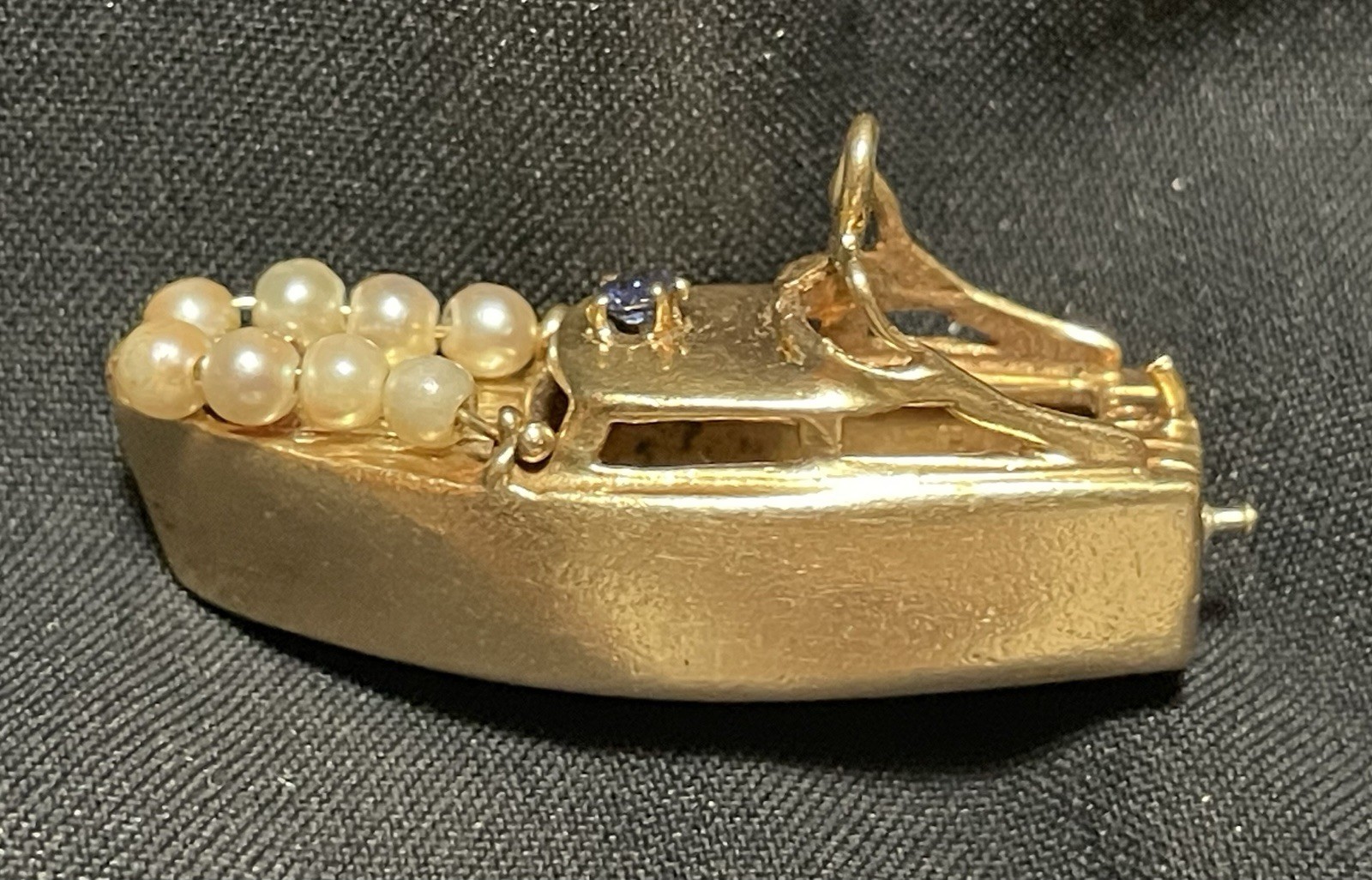 1955 Antique 14k Solid Yellow Gold Boat Charm Pendant Ruby Sapphire Pearls RARE