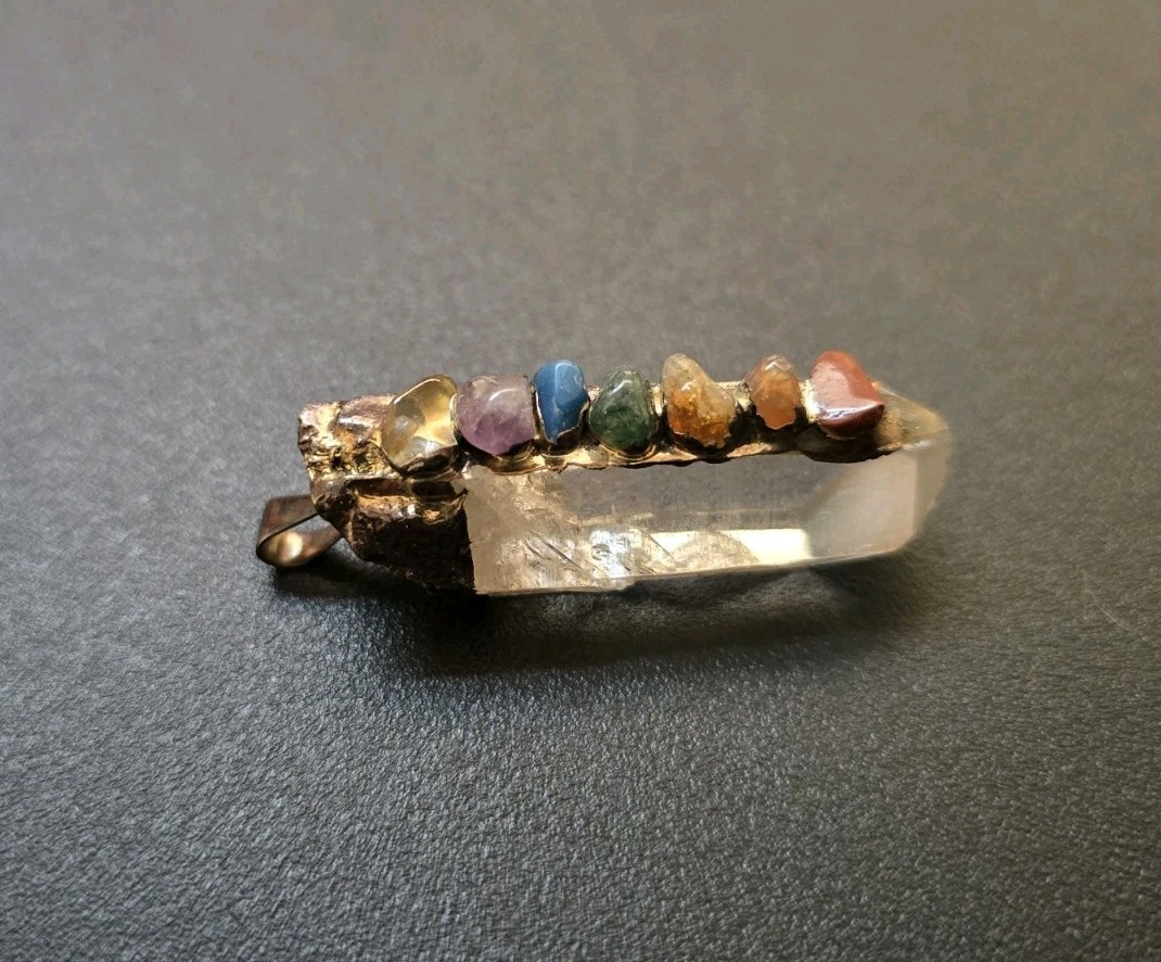 Brutalist Brass Quartz & Stone Pendant Necklace