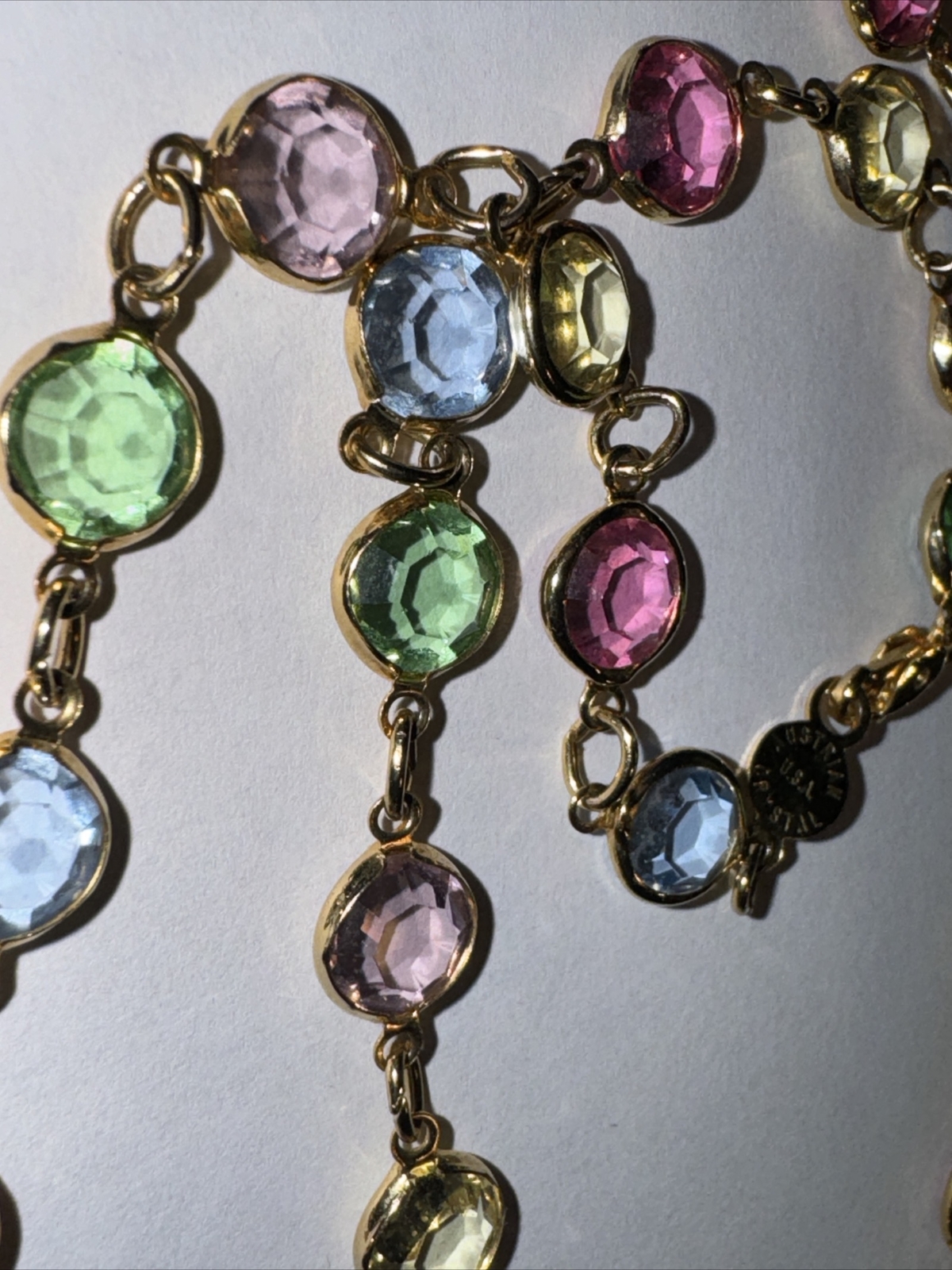 Austrian Crystal USA Vintage Necklace Multi-Color Open Bezel Gold Signed 34” ❤️