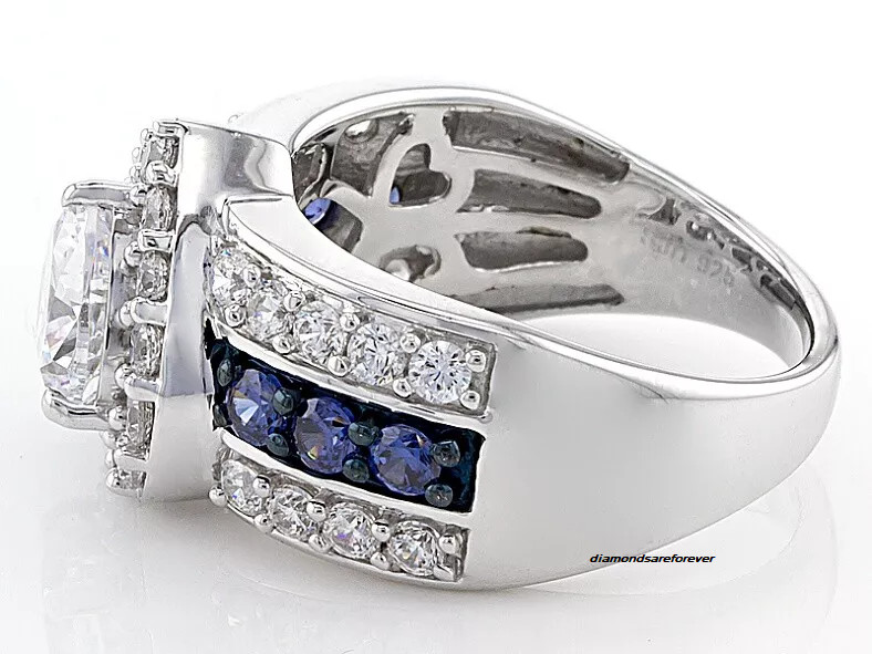 5.22TCW Heart & Round Cut Clear CZ With Blue Sapphire Heart Halo Engagement Ring