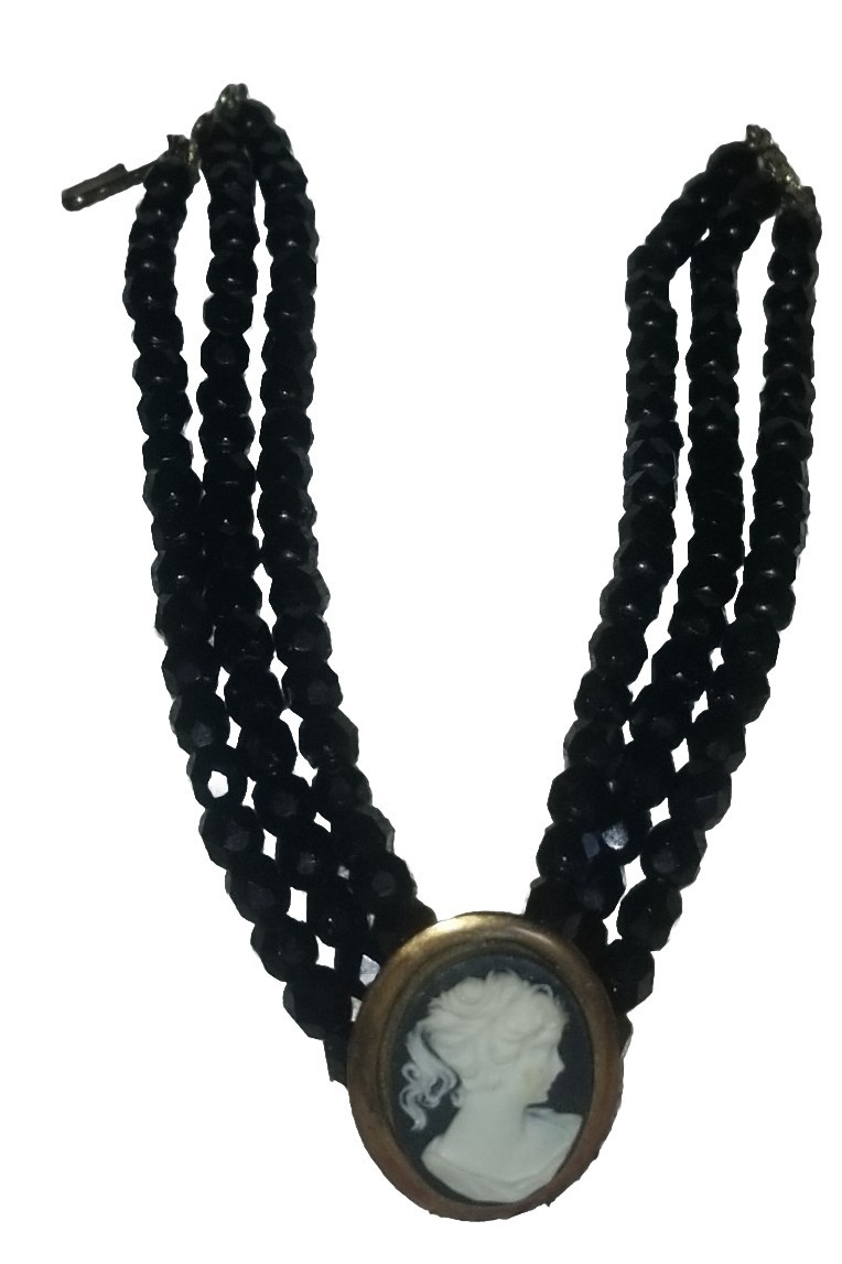 Cameo Necklace, Antique Jet Black Glass,3 Strand Choker, 16 1/2 inch, Gold Tone