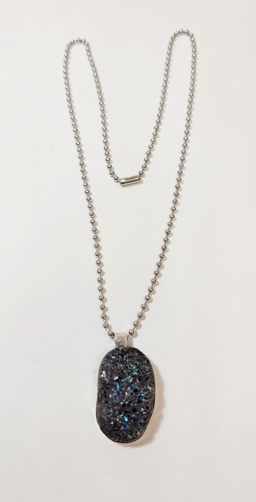 Vintage Sterling Silver Large Purple Blue Peacock Druzy Stone Necklace Pendant