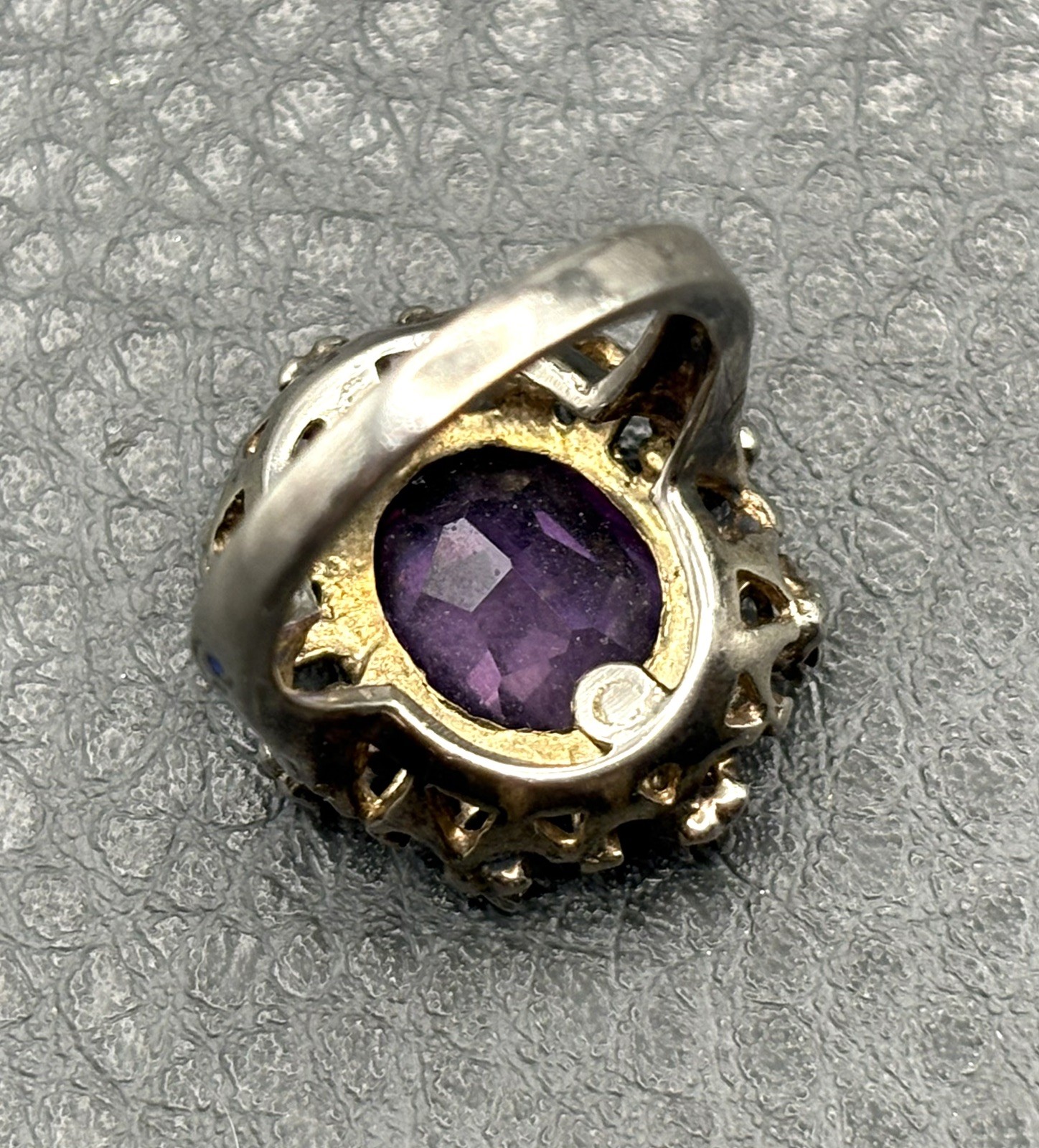 Vintage Huge Purple Sapphire Sterling Silver Blue Enamel Cocktail Ring Size 5.5