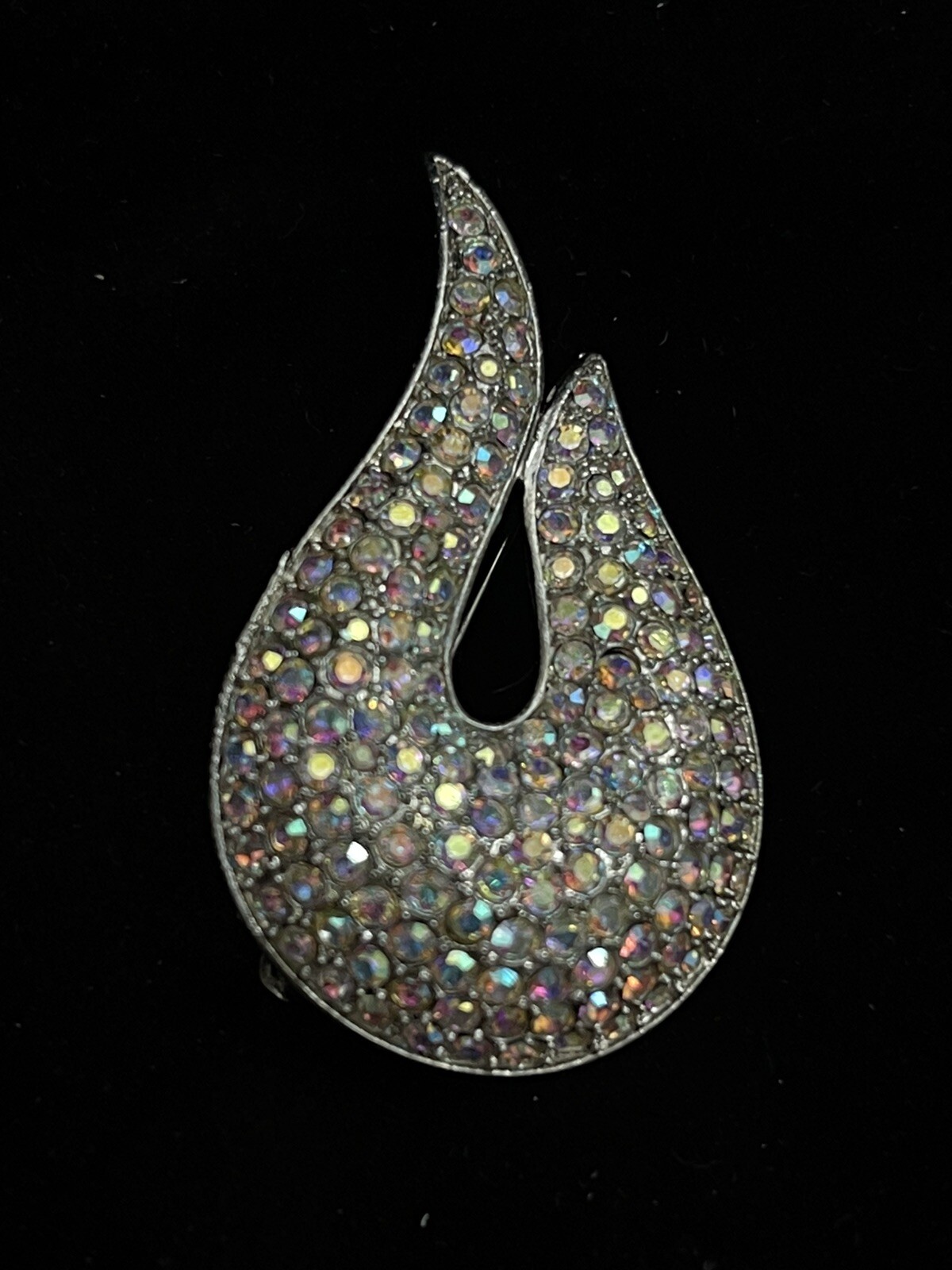Vintage Leaf Brooch Wave Crystal Stones Silver Tone Metal