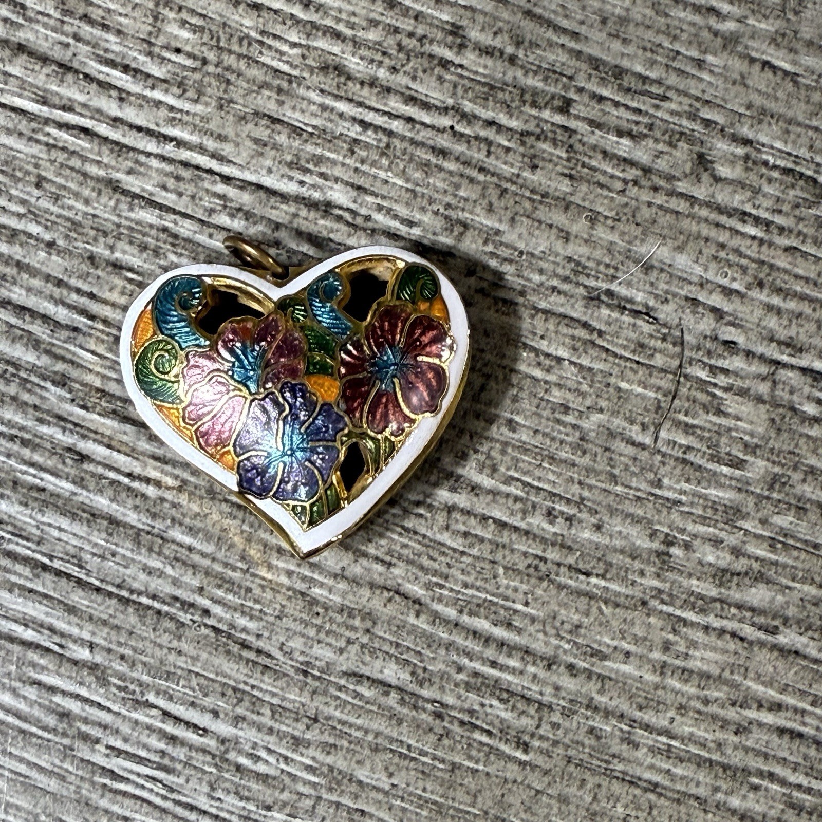 Vintage White Cloisonne Enamel Floral Puff Heart Pendant Double Sided