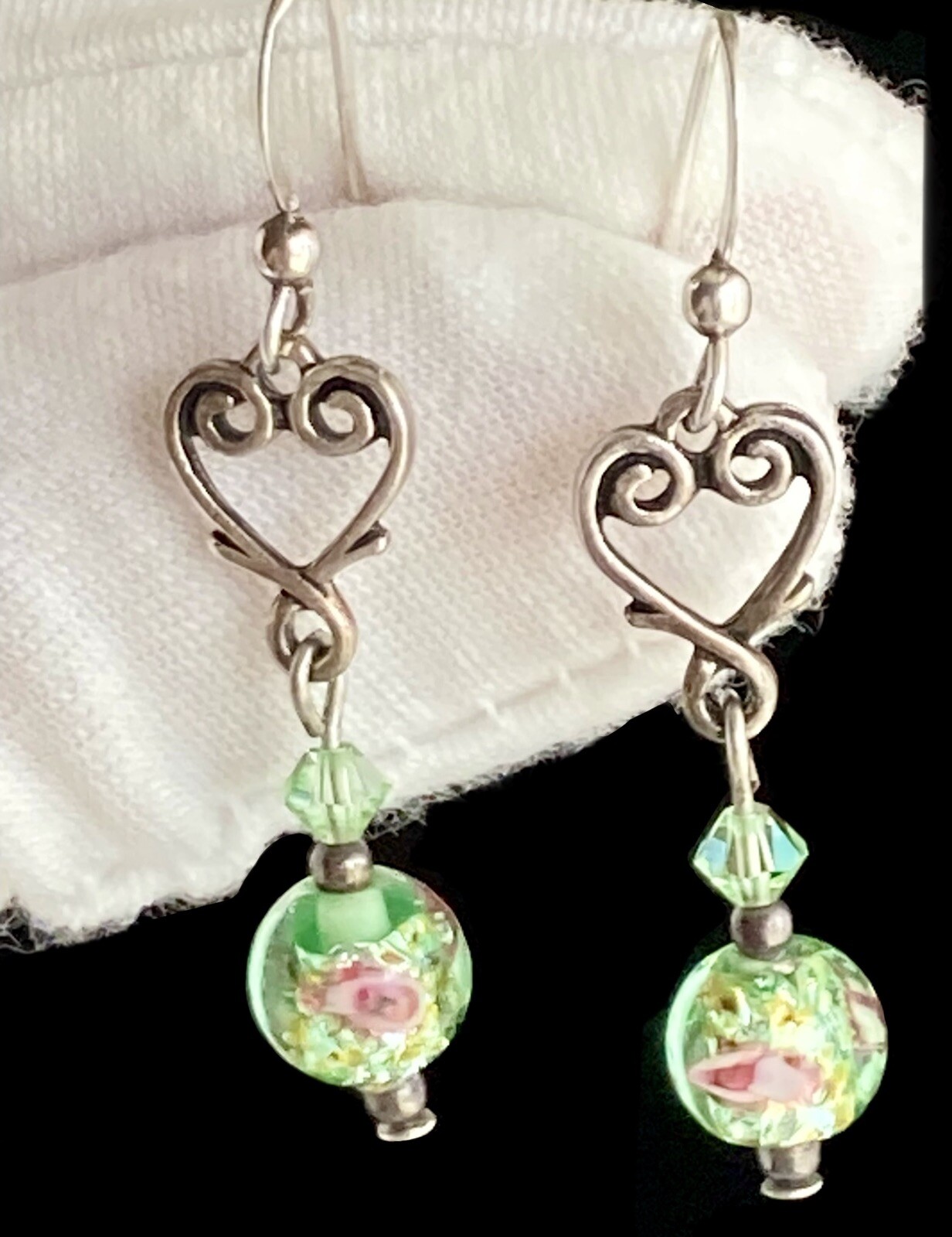 Sterling Silver Heart Round Glass Bead Earrings Dangle Drop Green Pink 1.75inch
