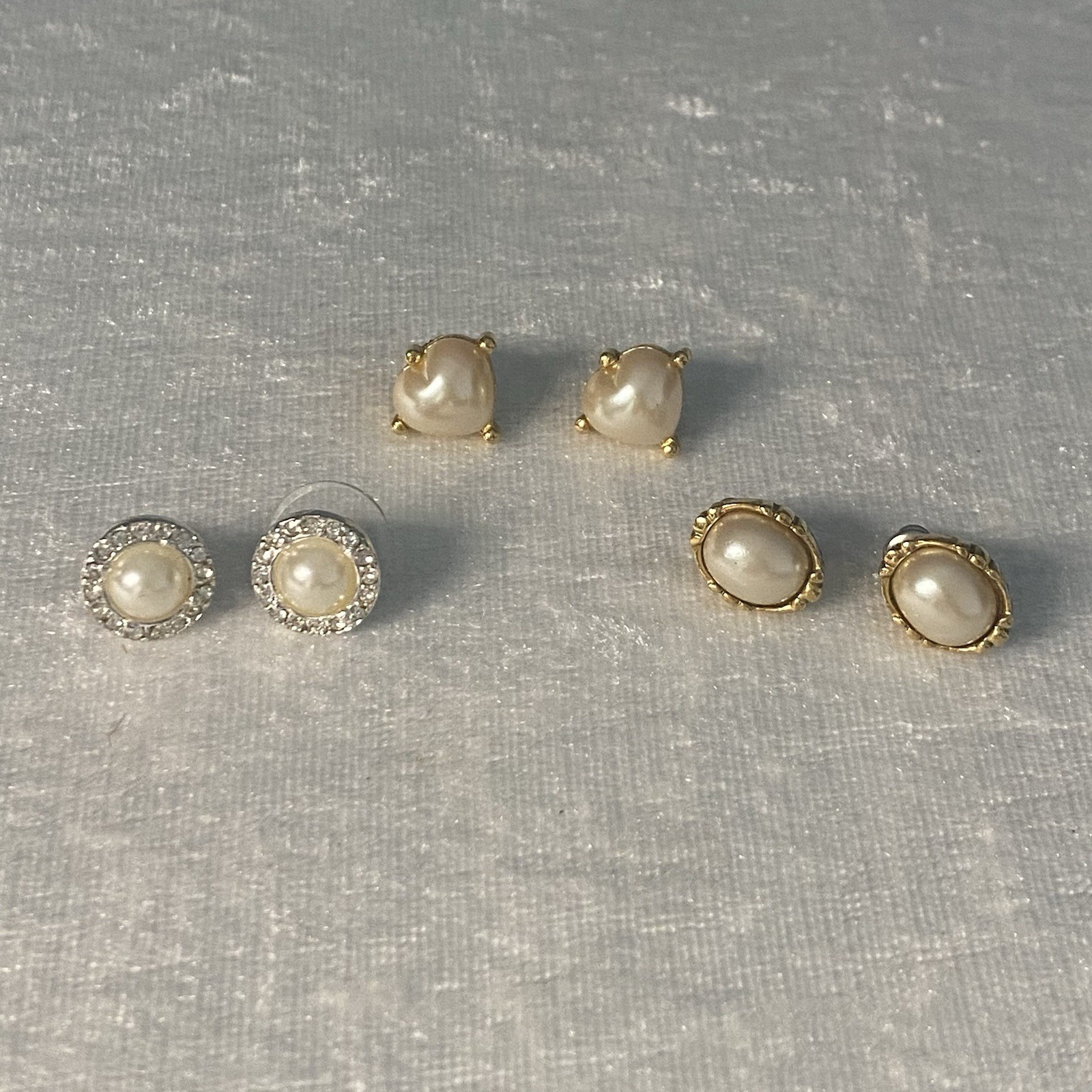 Estate Stud Earrings Faux Pearl Rhinestones Gold Tone Heart Round Oval