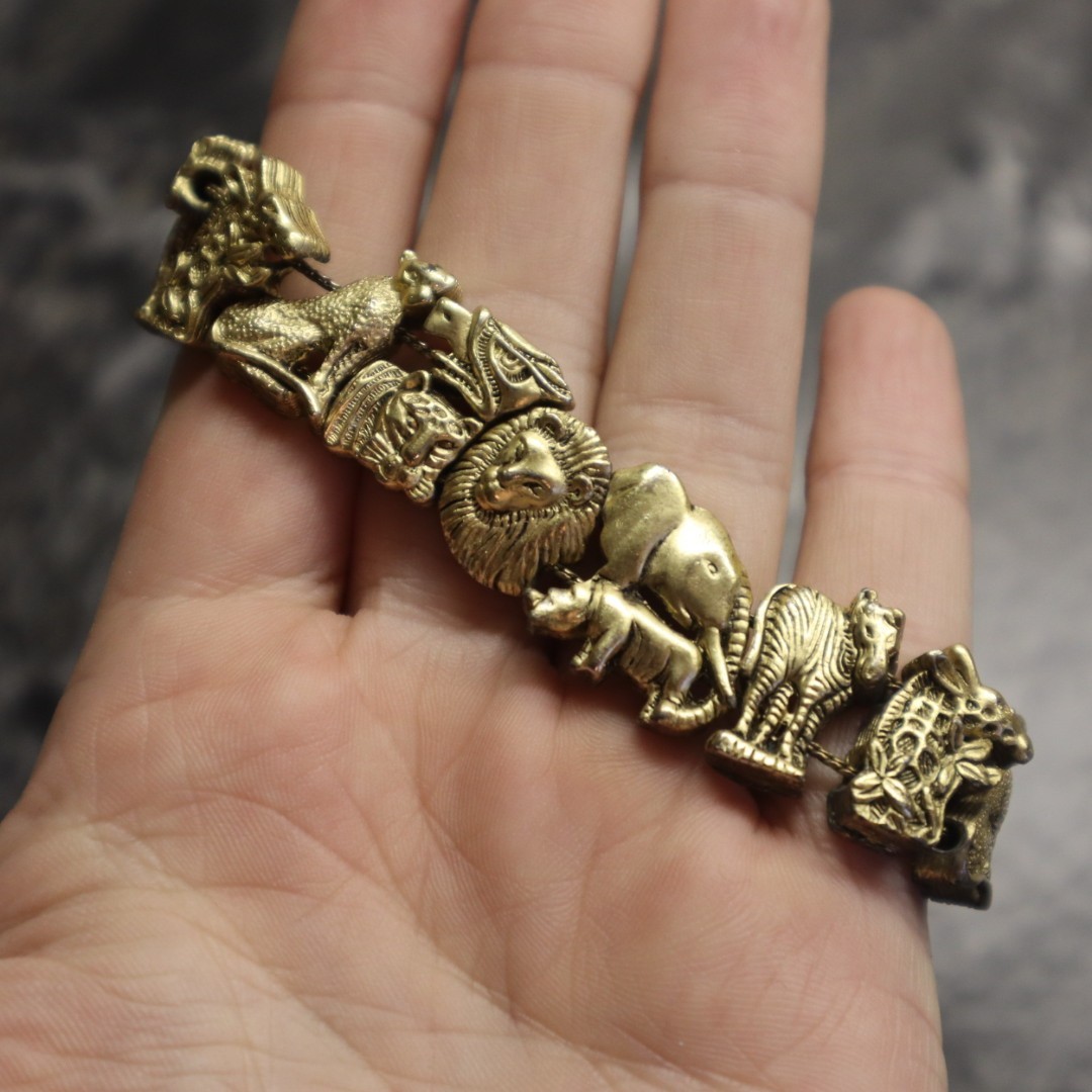 Vintage Slide Safari Animals Charm Bracelet Gold Tone Metal