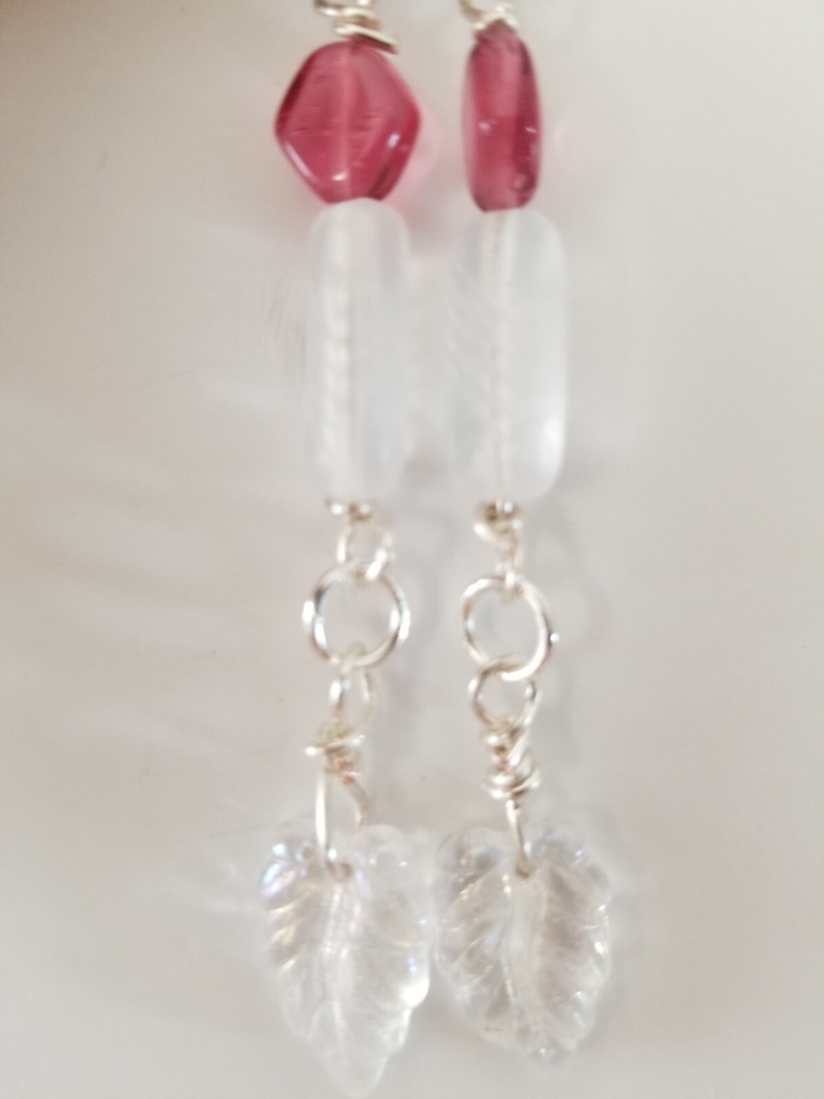 Carved frosted quartz lozenge an leaf 80 yrs. beads Japan fushia drop earrings