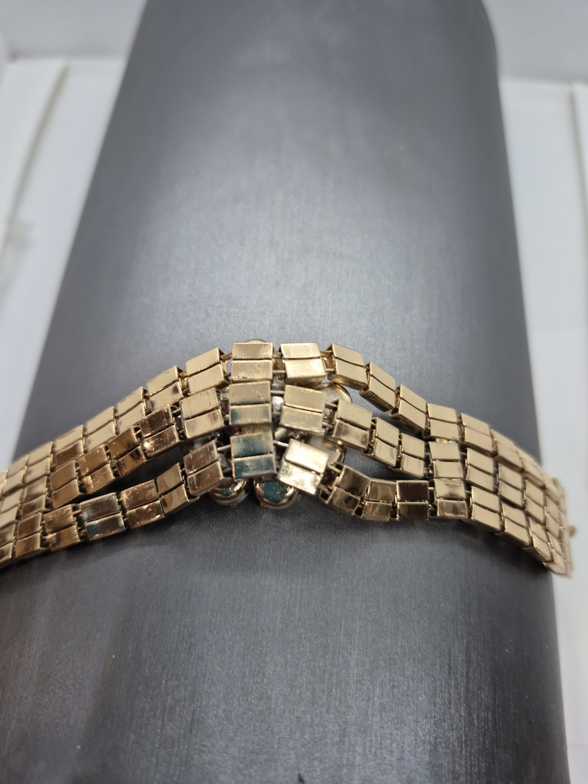 Vintage Gold-Tone Bracelet Triple-Row Studded Band & Floral Faux Pearl Cluster