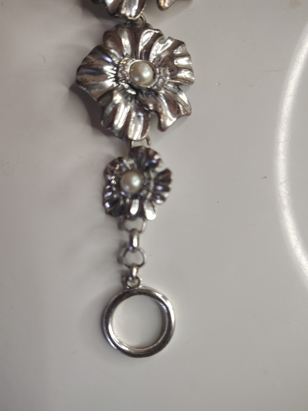 Vintage Flower Silver Tone Bracelet With Pearl Approximately 8 And 1/2 In Open