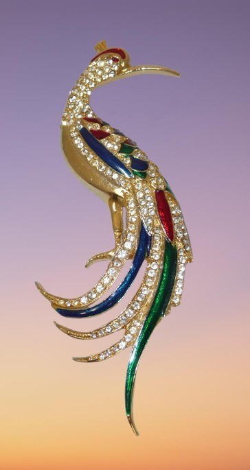 Rhinestone & Enamel Peacock Bird Brooch Red Green Purple Gold Multicolor