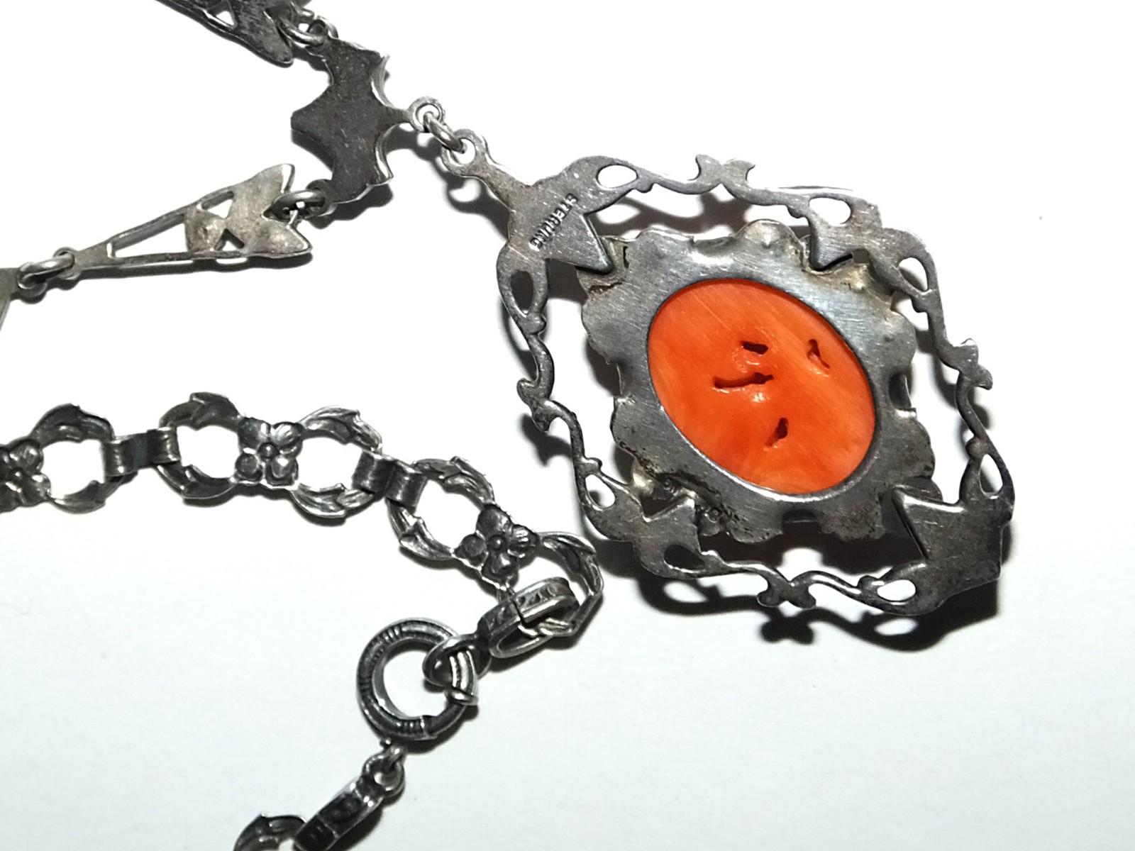 Antique Edwardian Art Deco Floral Carved Faux Coral Marcasite Sterling Necklace