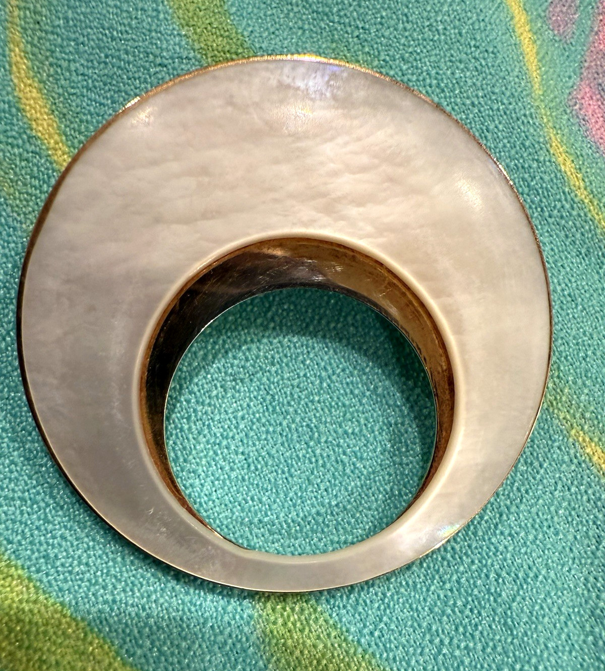 Vintage Mother of Pearl Rose Brass Infinity Circle Brooch 1940s