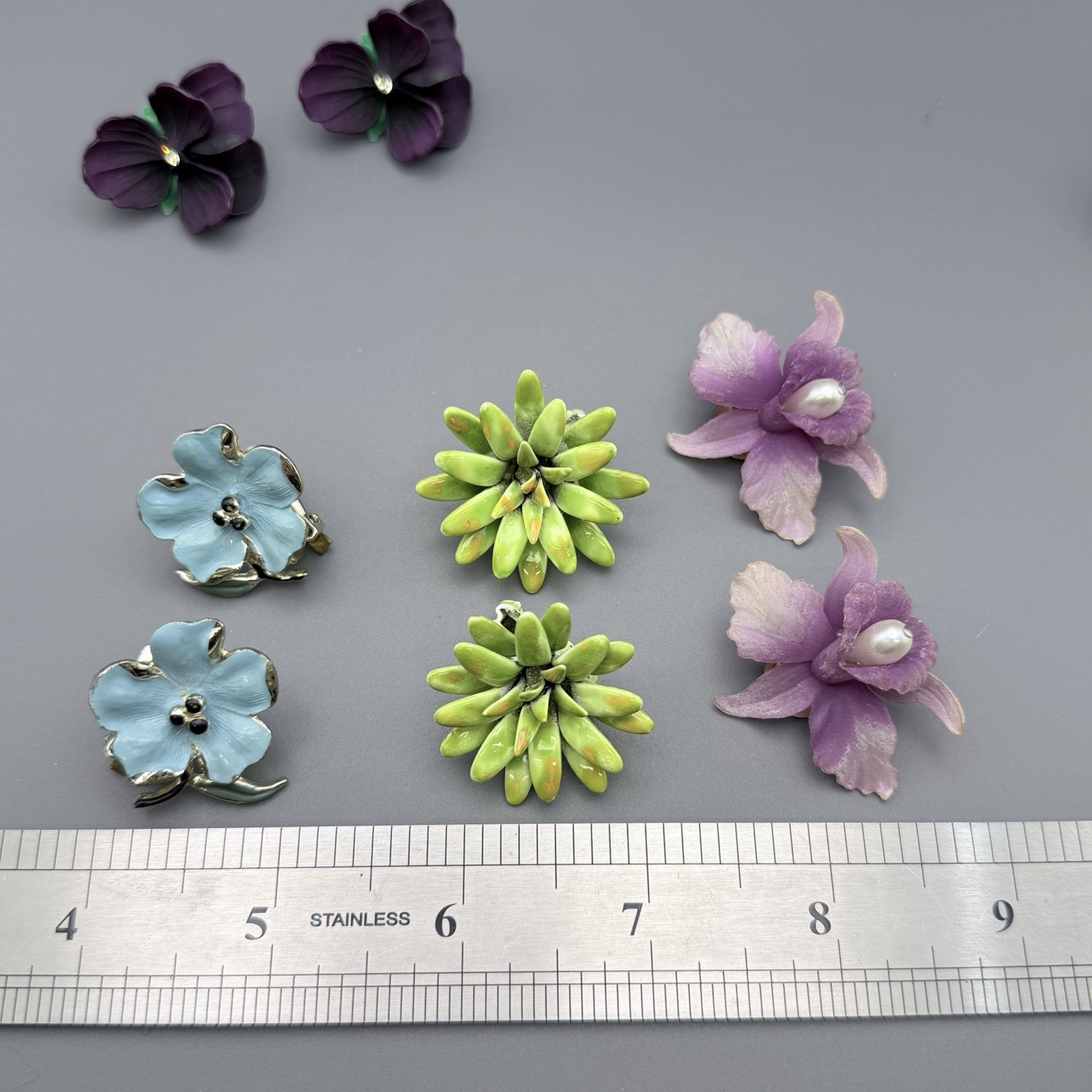 Vintage Flower Clip On Earrings Floral Lot Of 8 Orchid Pansies Tulip Multi Color