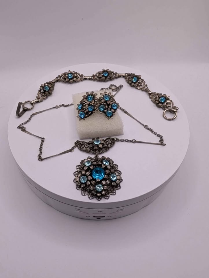 Antique Blue Flower Crystal Necklace, Bracelet and flower clip on earrings