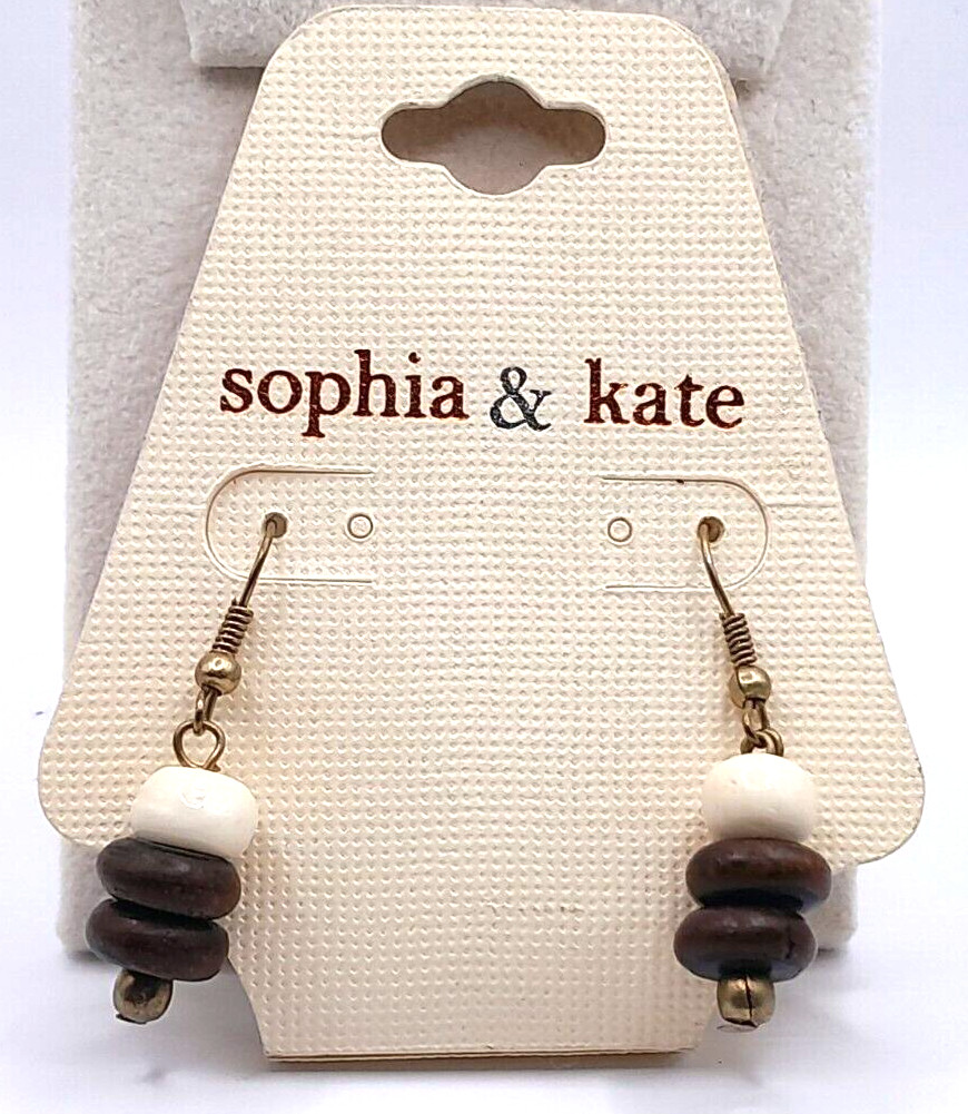 Sophia & Kate White Brown Wood Beaded 2″ Drop/Dangle Earrings New