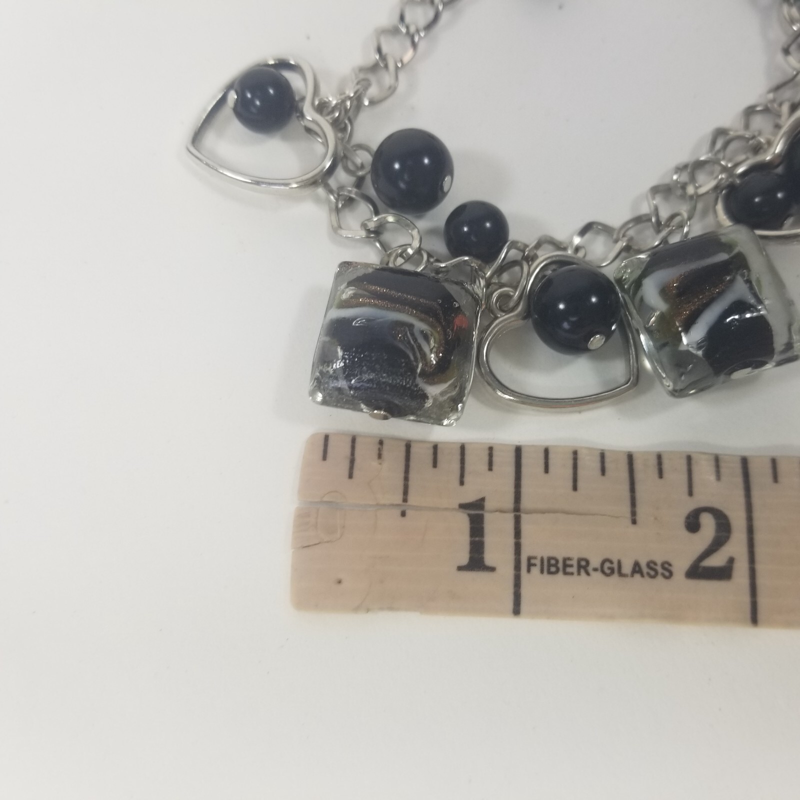 Charm Bracelet Black Silver Tone Heart Glass Bead Dangle 7-9″
