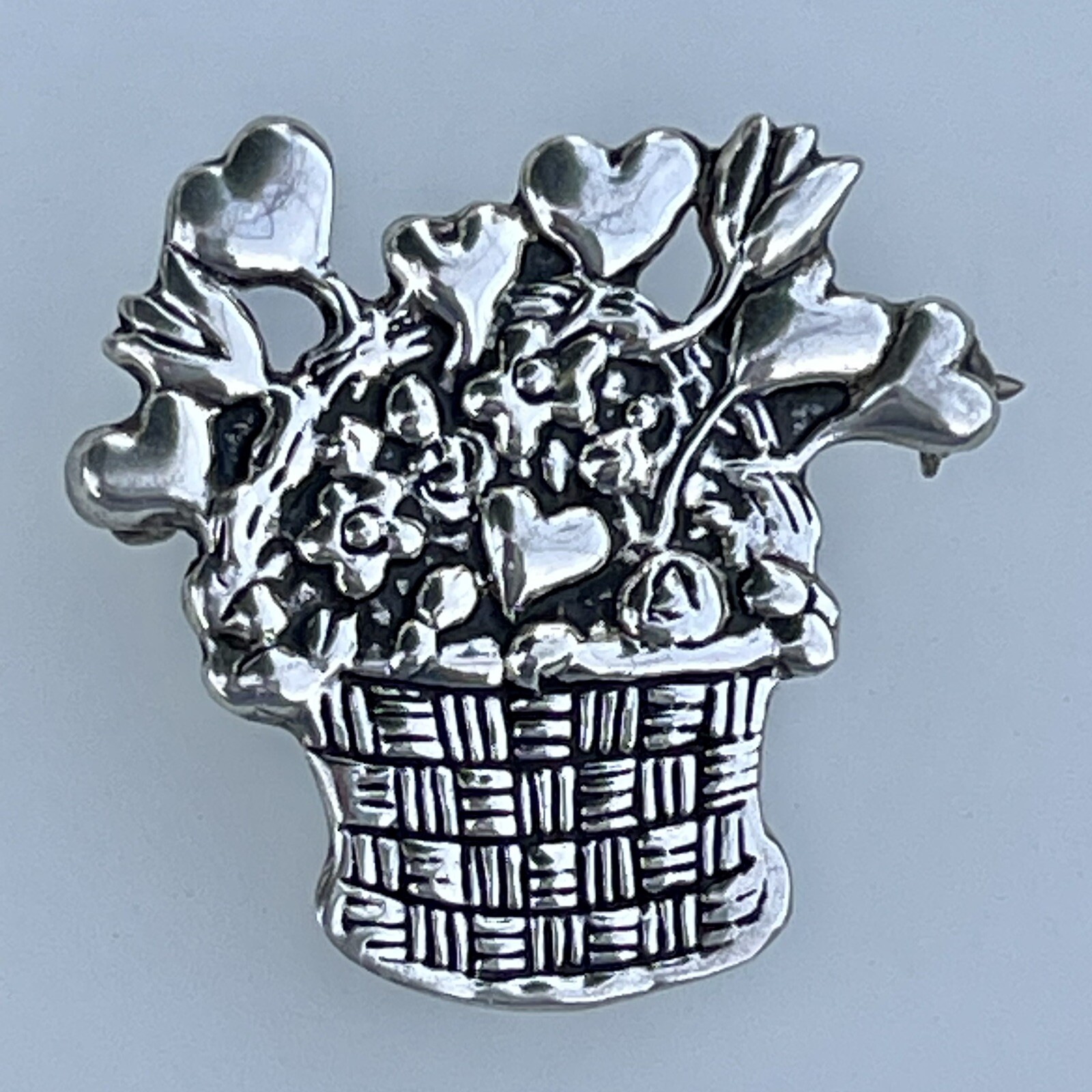 Mary Engelbreit Hearts Flowers Basket Brooch Signed ME 925 Sterling Silver Mex