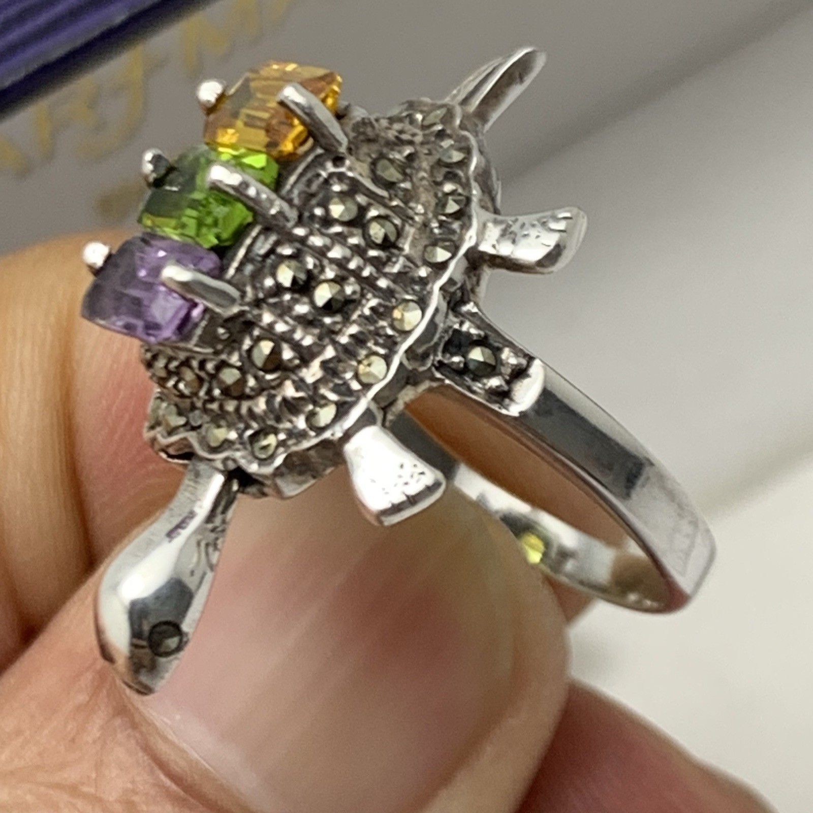 Vtg Turtle Ring w Moving Head 925 Sterling Silver Multi Colored Gem / Marcasite