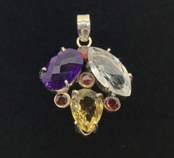 Sterling Silver Multicolor Precious Gemstone Vintage Pendant