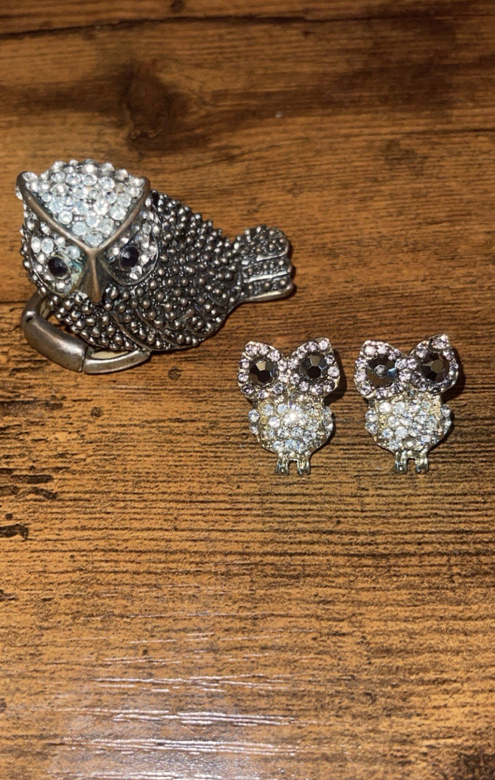 Vintage Estate Owl Rhinestone Cocktail Statement Ring & Sparkly Stud Earrings