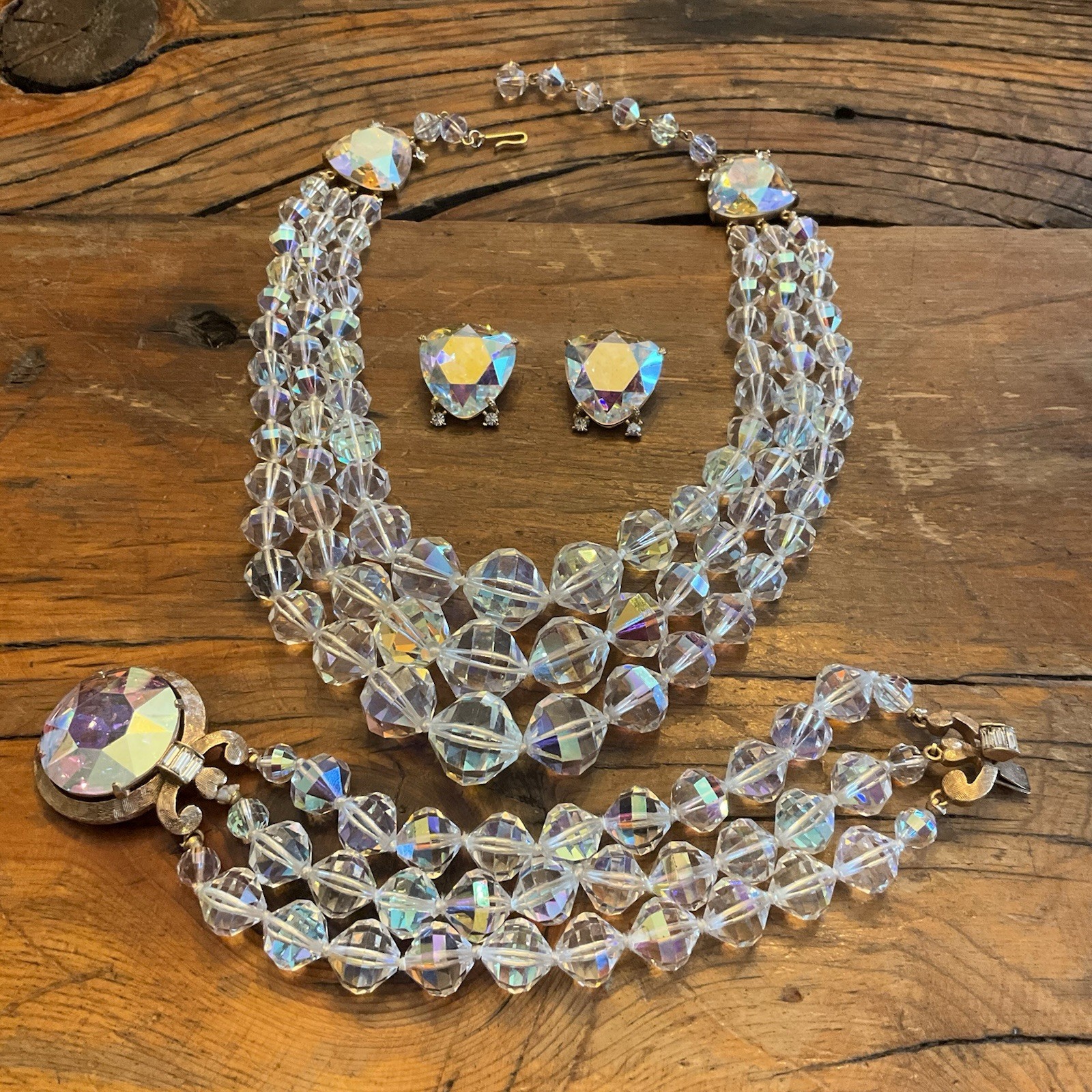 Vintage Laguna LARGE AB Faceted Crystal Glass Bead Necklace Bracelet Earring SET