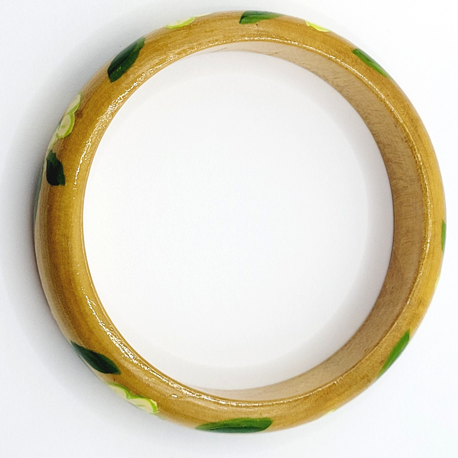 Wood Bangle Hand Painted Cream Flowers Green Leaves Lacquered Bangle Bracelet