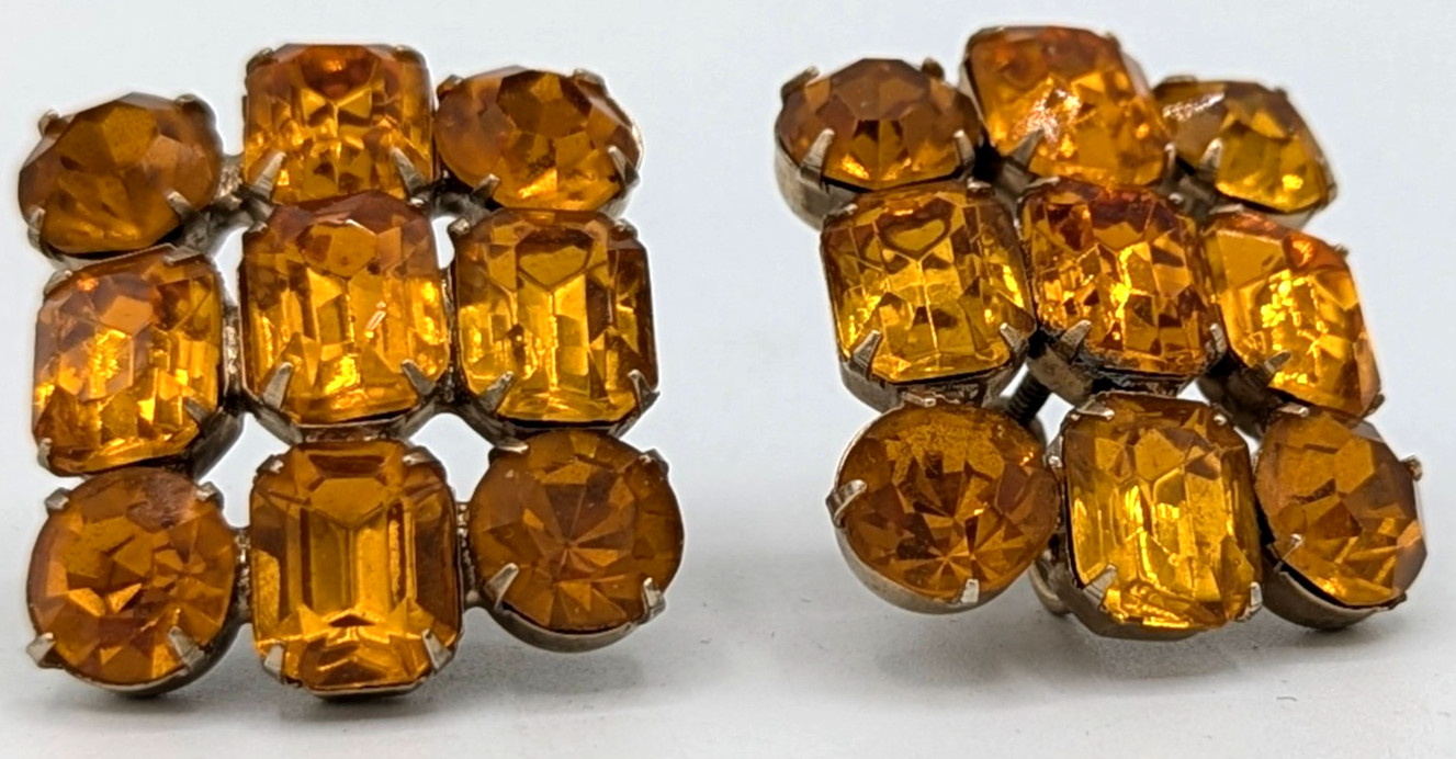Vintage Amber Rhinestone Earrings Honey Topaz Cluster Screw Back Gold Tone MCM