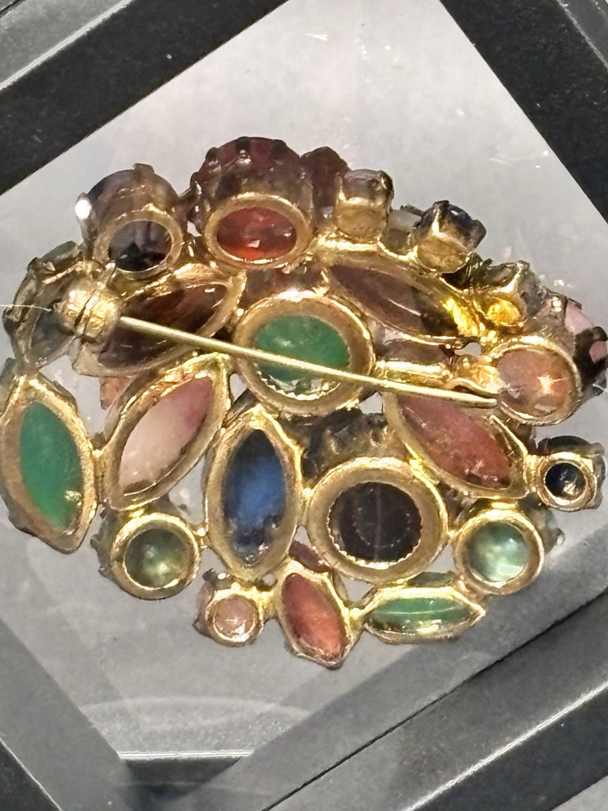 Vintage Czech Glass Multicolor Multi Shape Rhinestone Brooch Gold Tone Leaves