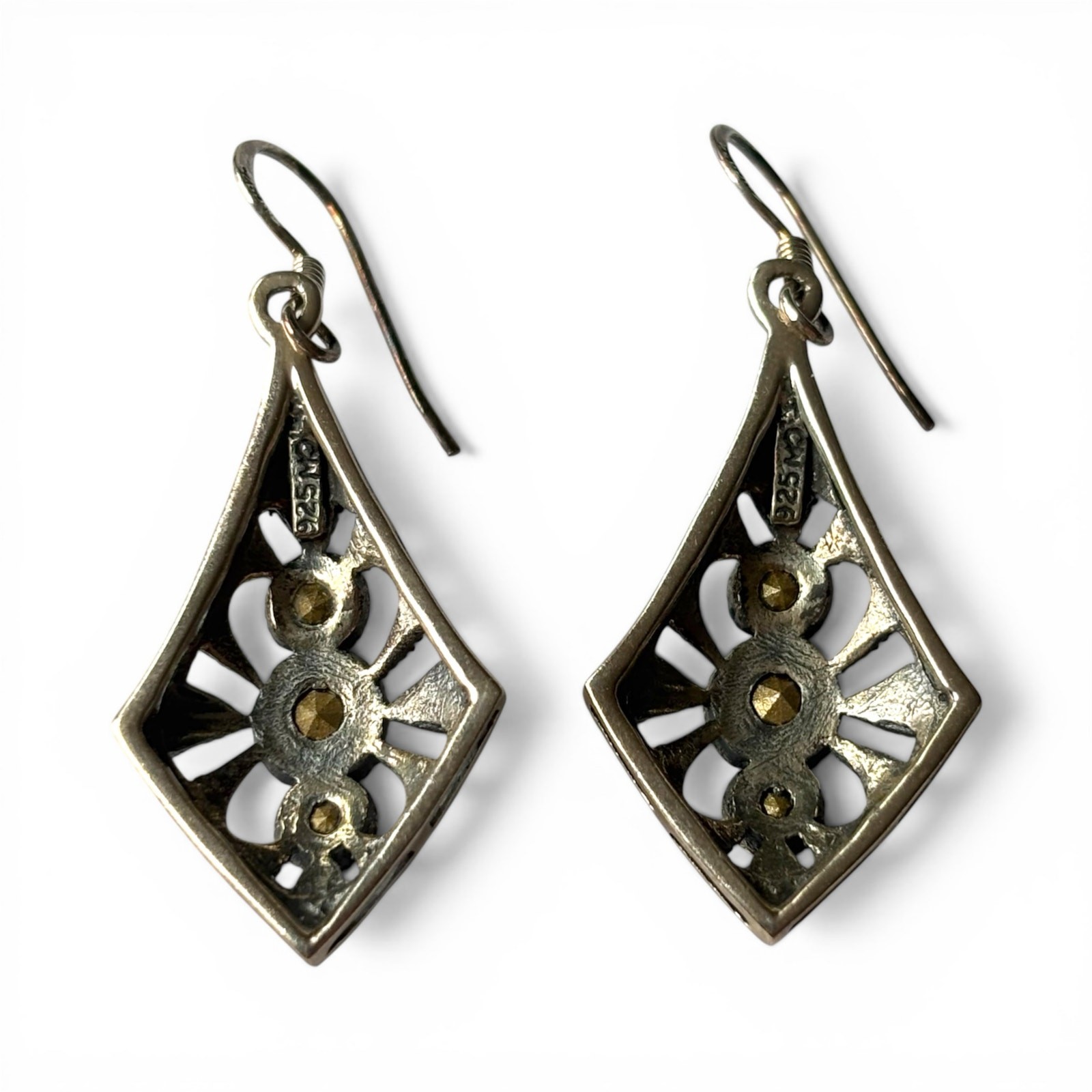 Vintage CW Sterling Silver Marcasite Blue Glass Art Deco Earrings