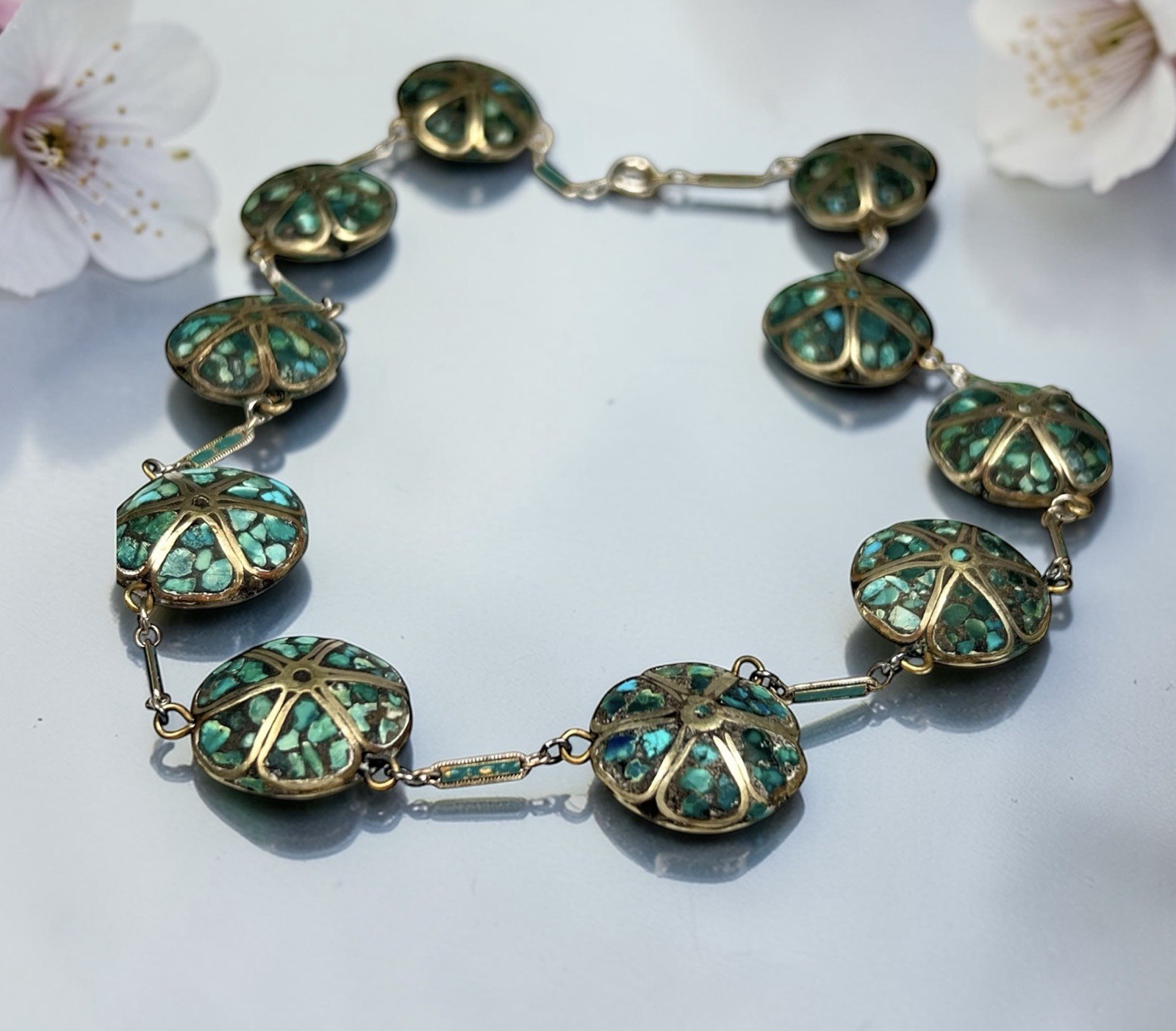 Kashmiri Tibetan Turquoise Chip Mosaic Inlay Necklace Flower Medallions 18” Atq