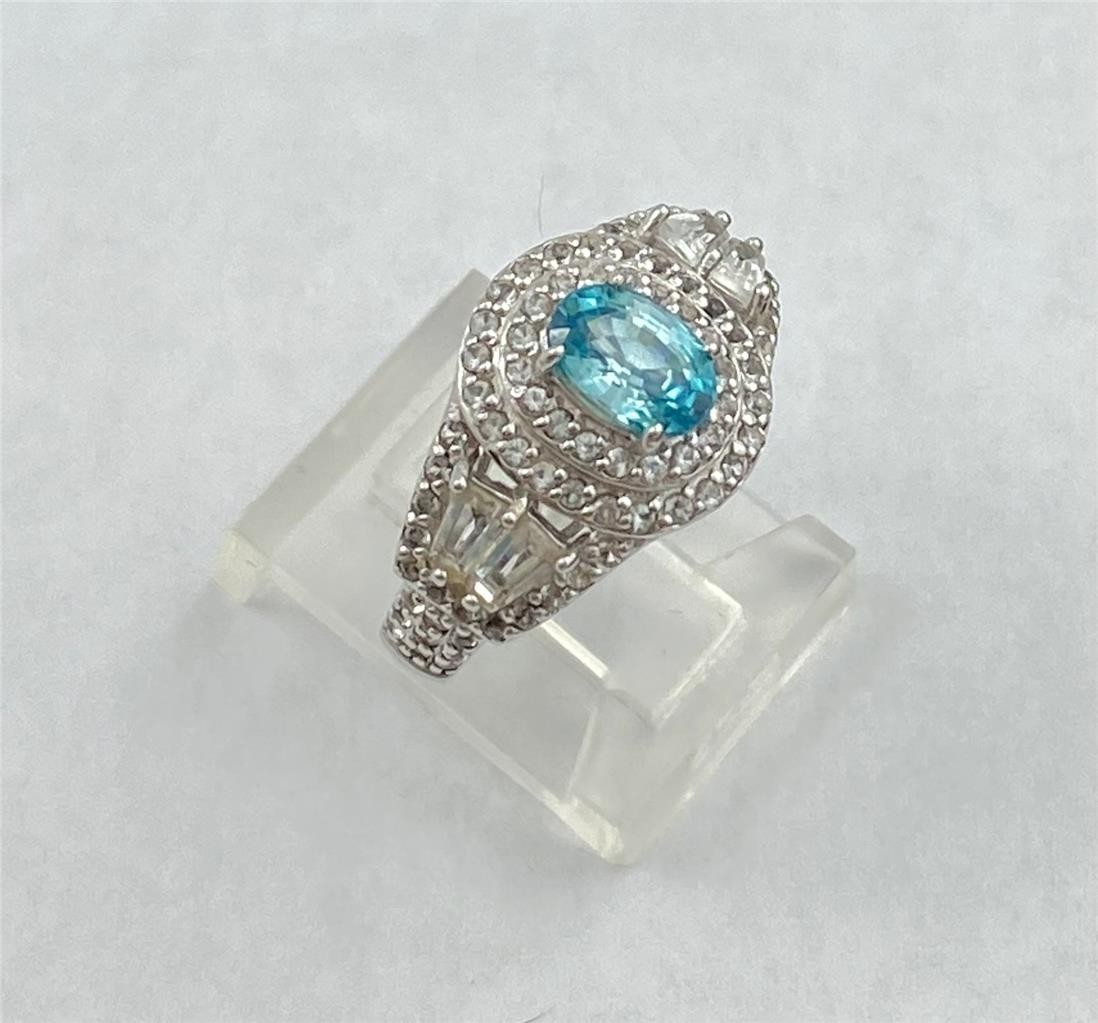 STS 925 Sterling Silver Blue Topaz Clear Baguettes & Diamond Accents Ring Sz.6