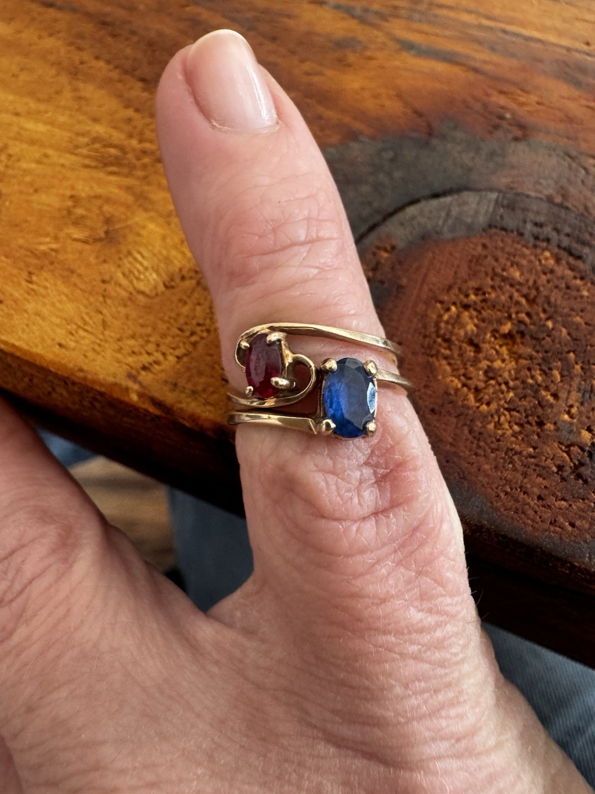 VTG 10K Yellow Gold Two Rings Toi et Moi Ruby Sapphire Ring Set sz 4.25 2.39 Gr