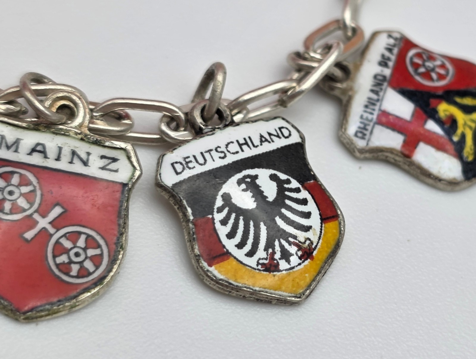 Vintage 800 Silver Enamel Travel Shield Charm Bracelet Germany Italy ANTIKO 7″