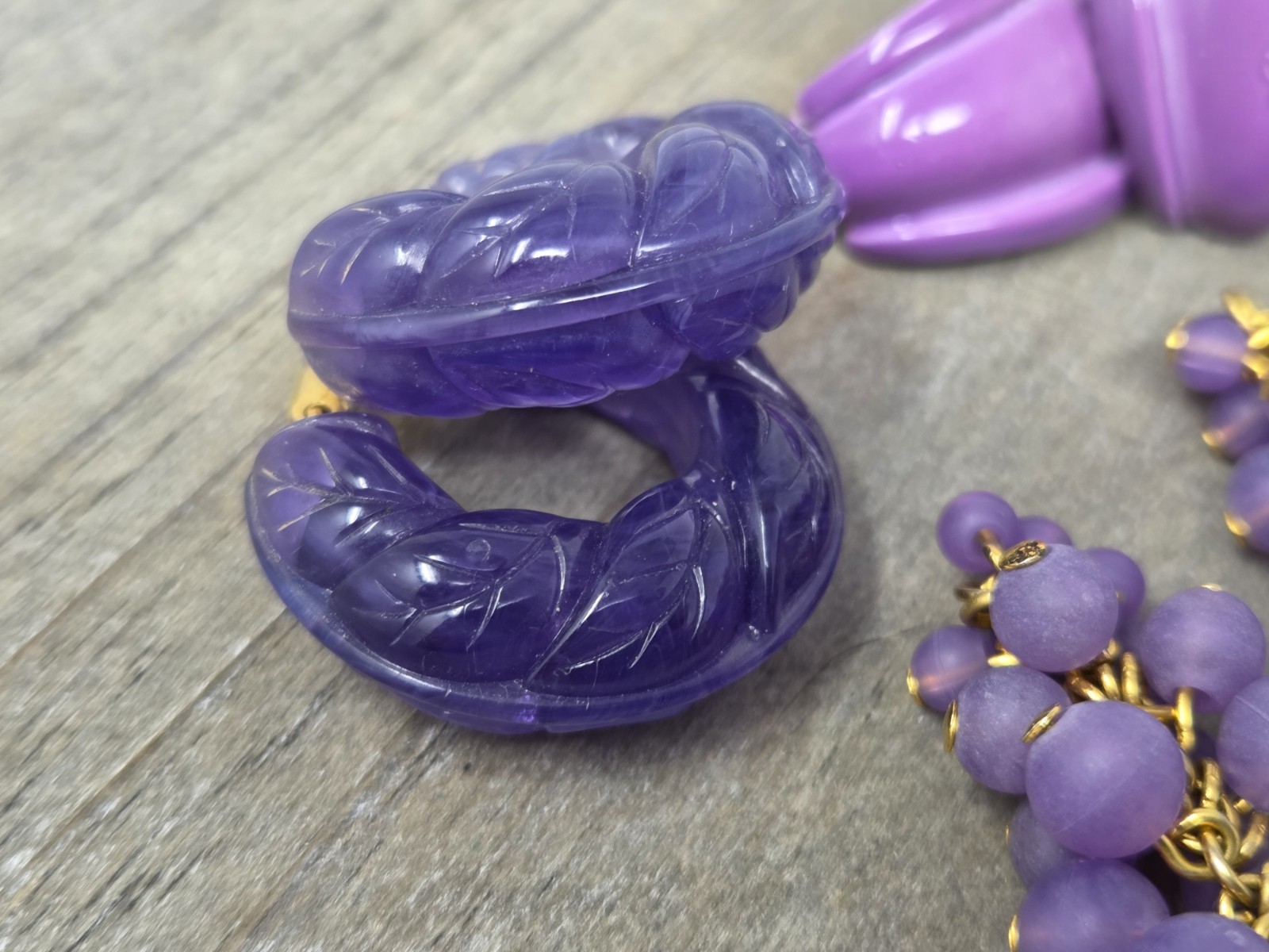 Three Pairs Purple Vintage Clip-on Earrings Grapes Bunch Dangles Hoops Enamel