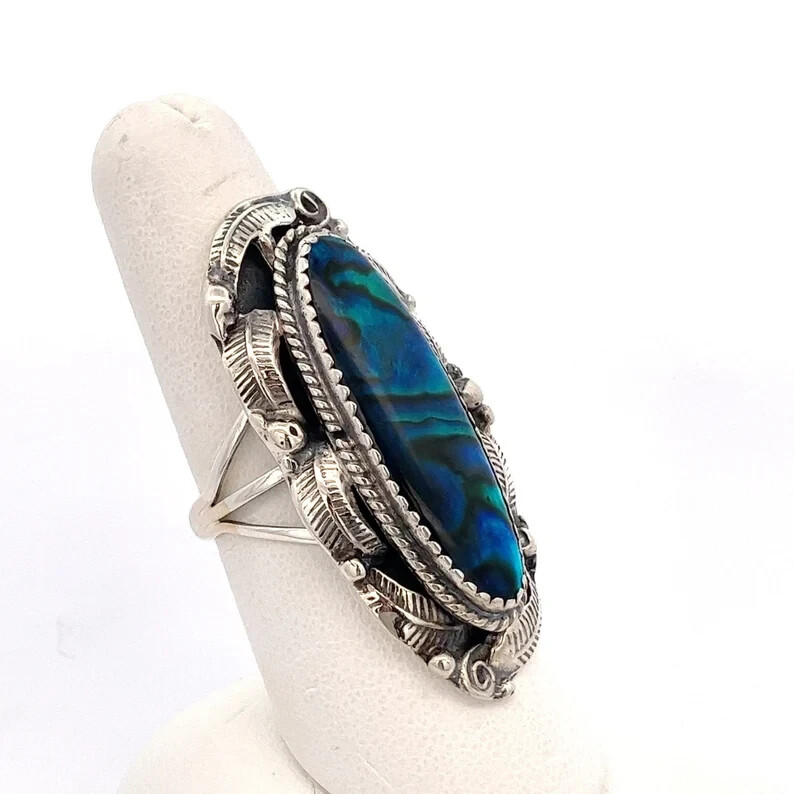 Native American Huge Paua Blue Abalone Shell Sterling Silver Ring- Signed -ET495
