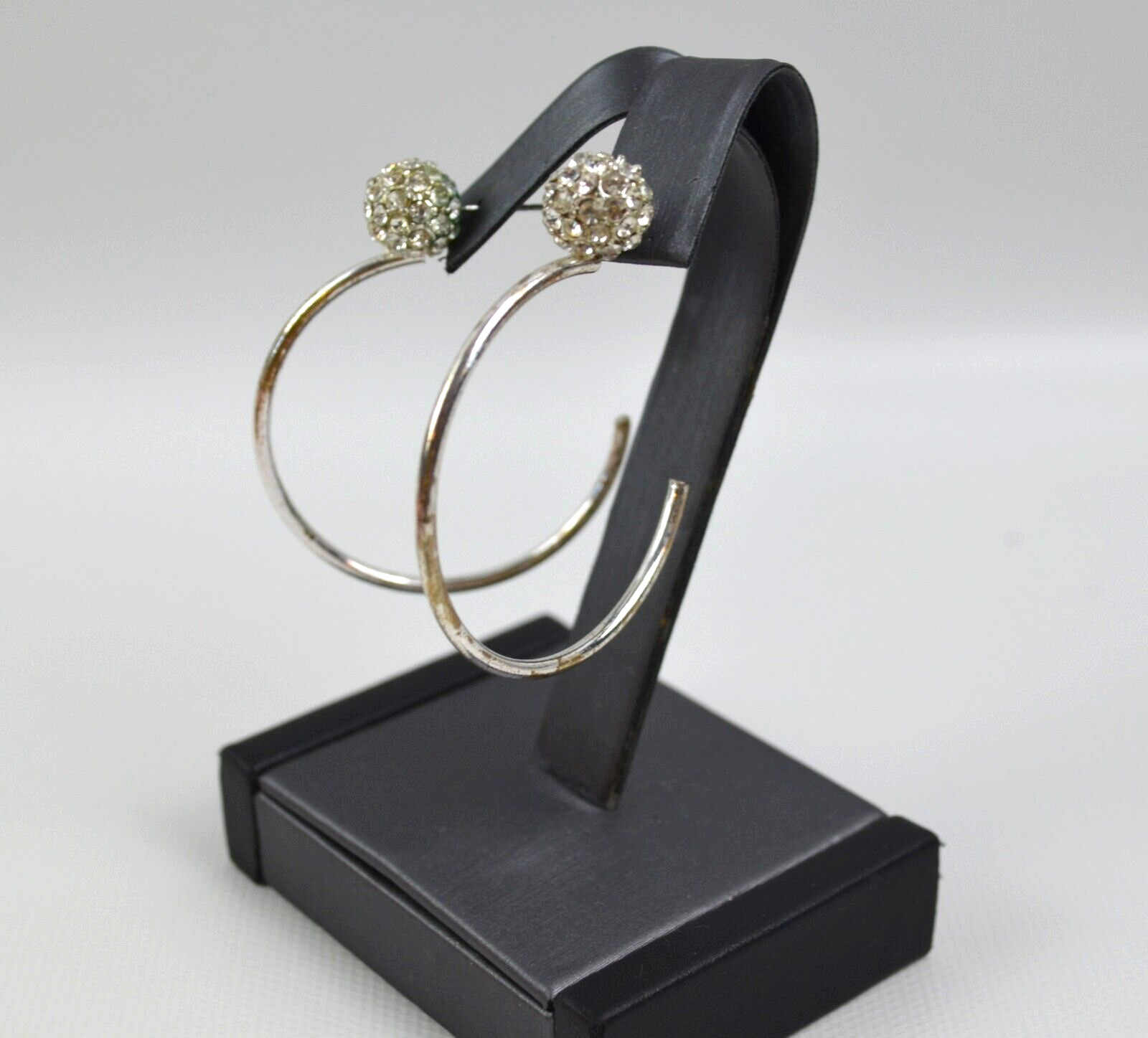 Silver Tone Hoop Pierced Earrings w/ Clear Rhinestoned Sphere 1 .75″ Across