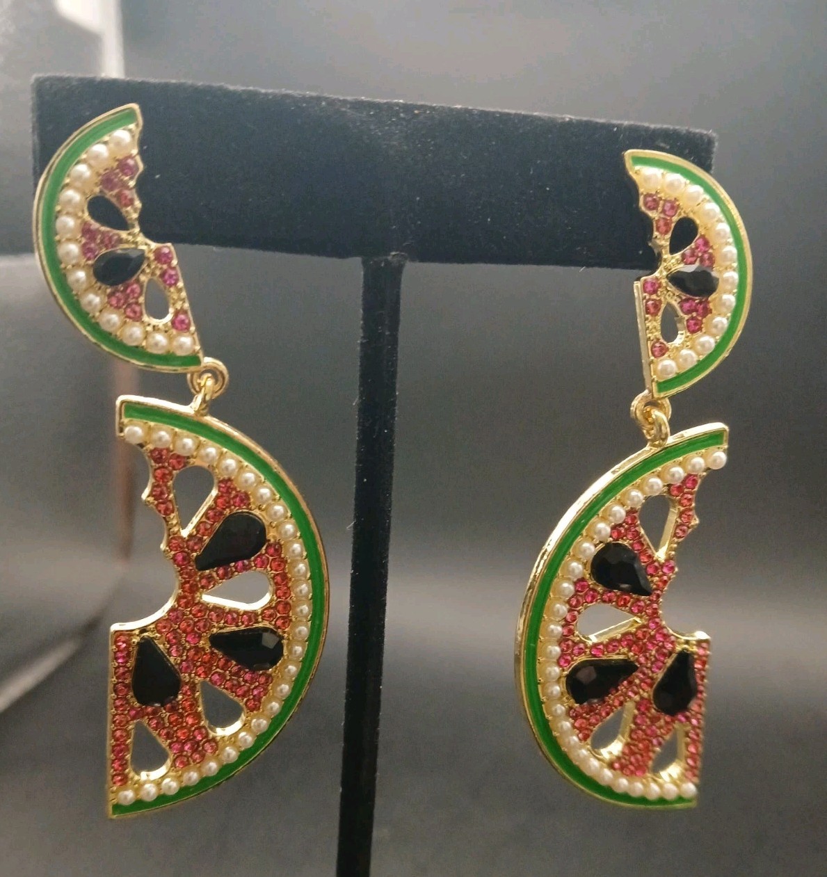 Sugarfix “Watermelon” Shaped Earrings Tiny Pearls, Rhinestone, Enamel, Earrings