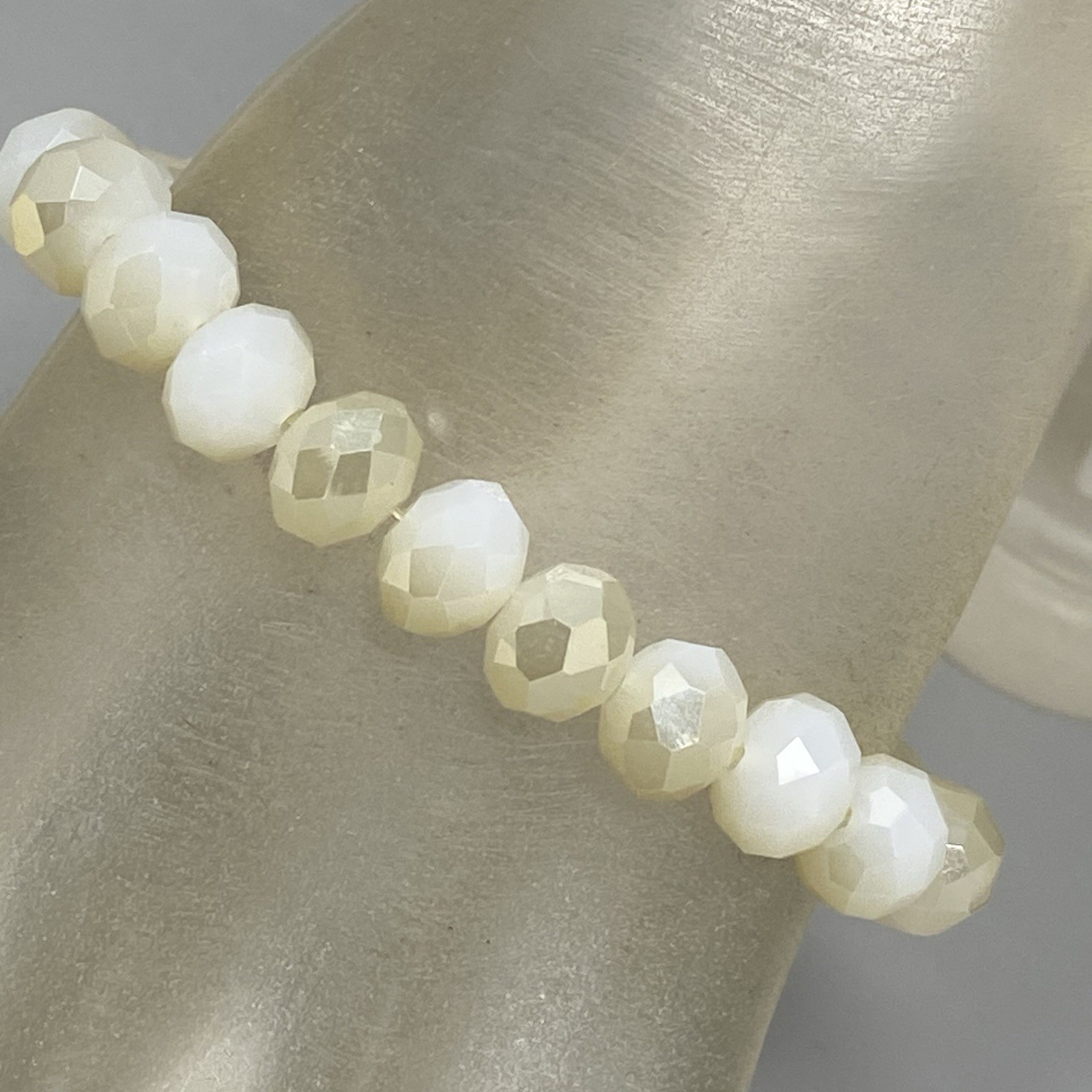White Glass Beaded Bracelet Fire Polished Iridescent Faceted Stretch Elastic 7″