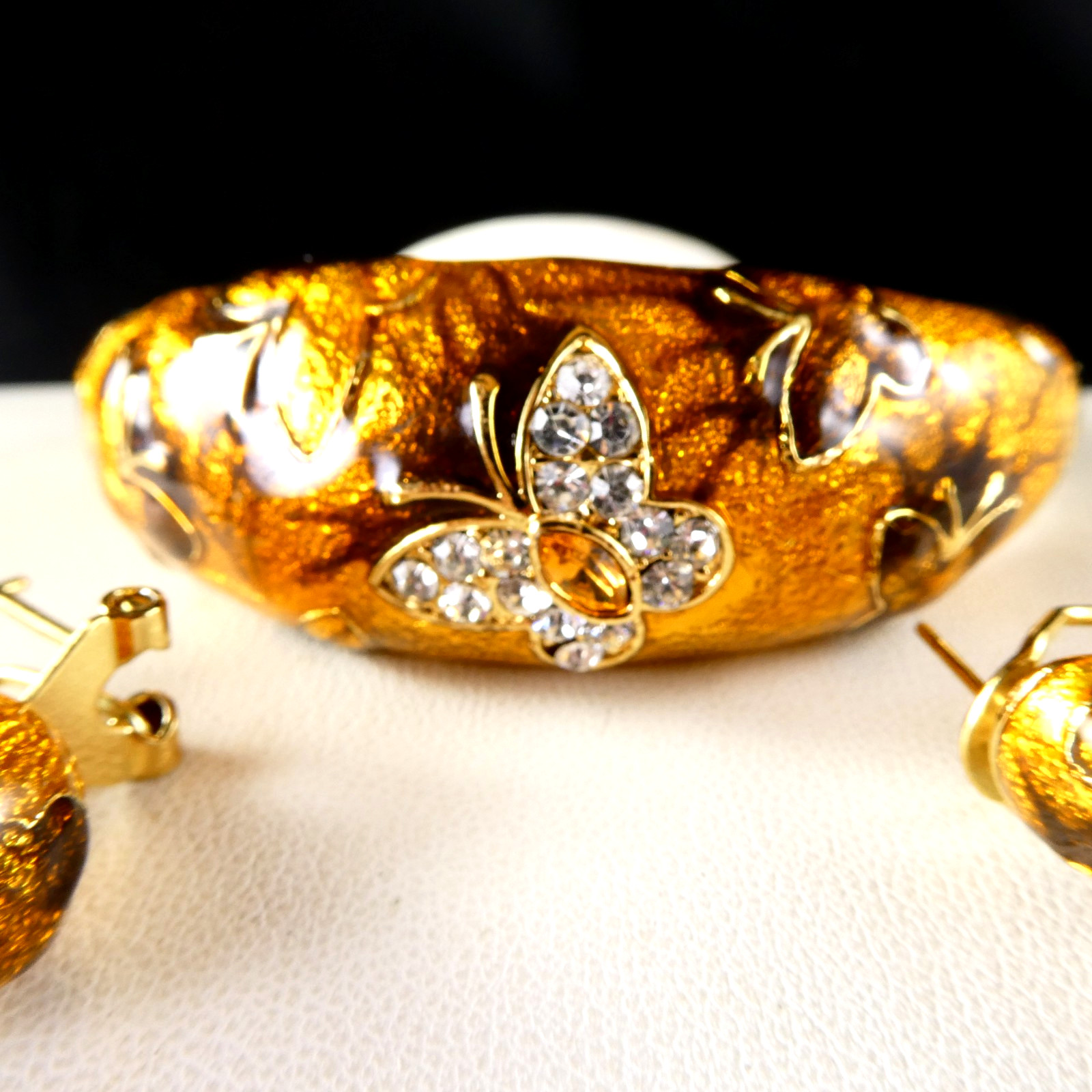Bracelet & Earrings SET Orange Enamel Crystal Butterfly Fall Colors Signed FL