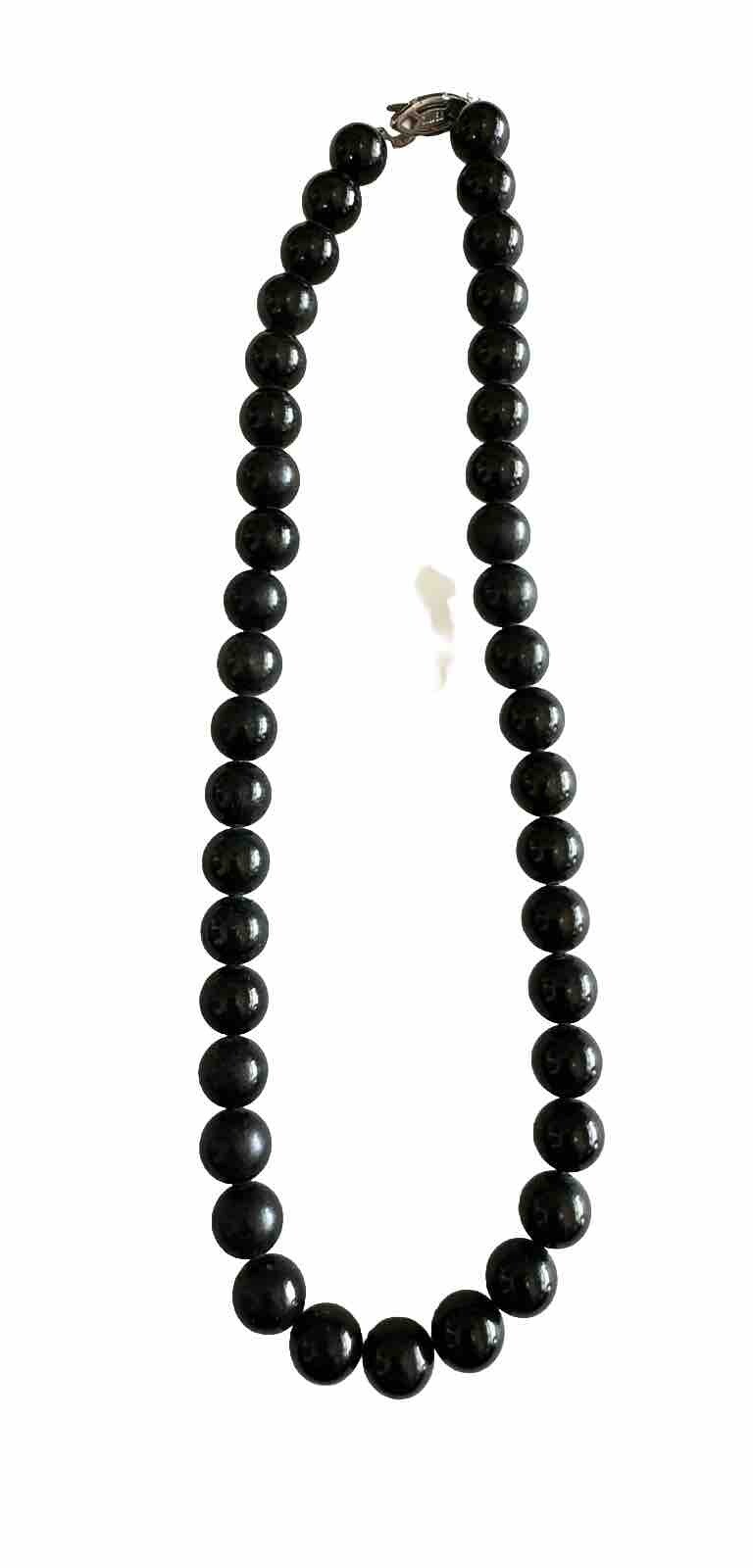 Black Onyx Beaded Necklace With Silver Fish Hook Clasp 16” 58g Weight