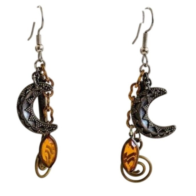 Chunky Earrings Silver brass Pierced dangle Crescent Moon Boho Modernist VTG 80s