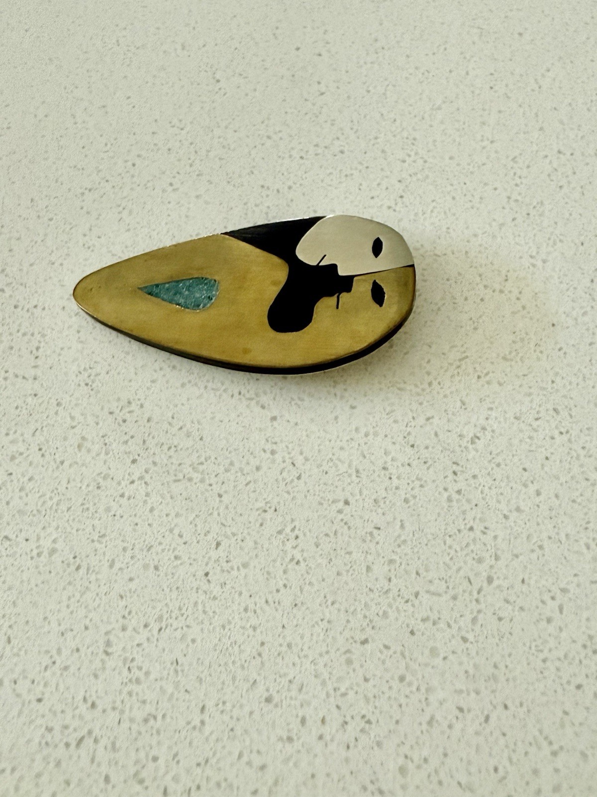 Vintage MCM Mexican Modernist Faces Mixed Metal Inlay Brooch Stella Popowski
