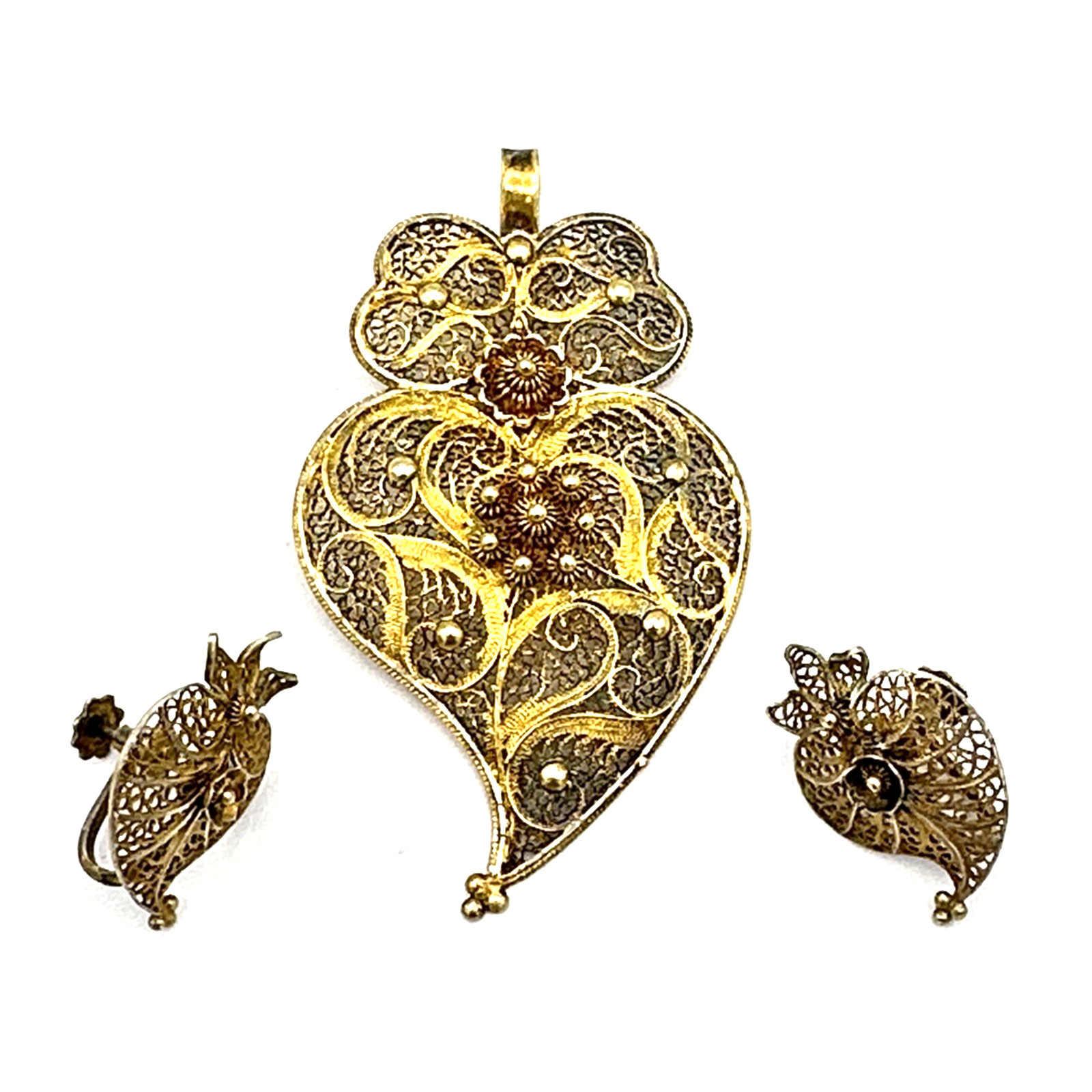 VIANA HEART pendant & earring set – vintage filigree sterling silver gold wash