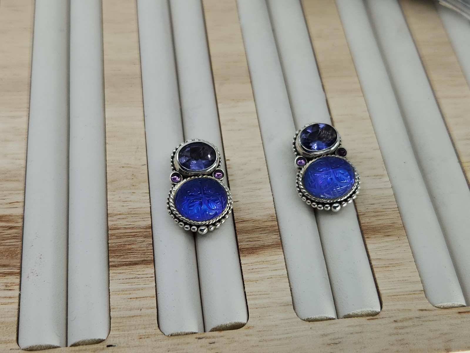 Stephen Dweck Sterling Silver Carved Blue Quartz Iolite Clip On Earrings