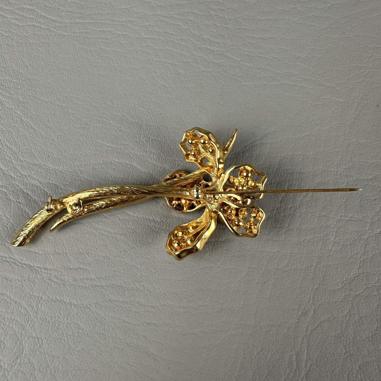Vintage Flower Brooch Gold Tone Orchid Iris Purple Rhinestones 3.25″